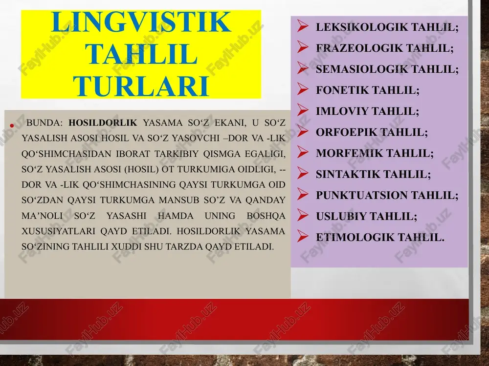 iya (almashtirish) metodi; distributiv metod; ma’no ko’lamini tahlil qilish metodi. statistik tahlil metodi; tranformatsion metod; tarkibiy qismlarga ajratish metodi; lingvistik tahlil lingvistik tahlil - til, nutq birliklarini uni tashkil etuvchi qismlari, mazmuni, vazifasi va boshqa xususiyatlari nuqtai nazaridan tadqiq etish, til (nutq) birliklarining aniq holatini belgilashdir masalan, hosildorlik soʻzida ikki asl til hodisasi mavjud boʻlib, u xuddi shu hodisalar nuqtai nazaridan tahlil etilishi mumkin: 1) soʻz yasalishi hodisasi; 2) shakl yasalish hodisasi (morfologik hodisa). bu soʻzda ikkita yasama soʻz mavjud boʻlib, soʻz yasalishi tahlilida har bir yasama soʻzning tarkibi va bu tarkibiy qismlarning mohiyati, vazifasi, maʼnosi va shakli belgilanadi. gap bo’laklari metodi tilshunoslik taraqqiyotining dastlabki davrlaridanoq amalda bo’lgan . bu metodga ko’ra gaplar bo’laklarga ajratiladi . bunda so’zning gapdagi vazifasiga asoslaniladi . gap bo’laklari tahlili quyidagicha amalgam oshiriladi . 1. gapning bosh bo’laklari (ega va kesim ), ikkinchi darajali bo’laklari (to’ldiruvchi , aniqlovchi , hol )ajratiladi 2. gap bo’laklari vazifasida …