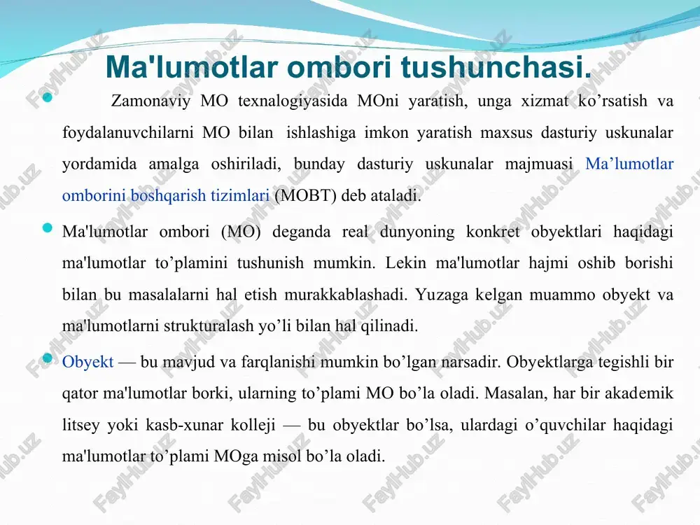sk»+r tugmasini bosib msaccess so’zini yozish orqali. access dasturining tuzilishi. darchaning birinchi satrida ma’lumotlar bazasi nomi microsoft access deb ifodalangan, undan keyin menyular satri joylashgan: fayl pravka vid vstavka servis okno spravka? uchinchi satrida standart paneli piktogrammalari joylashgan.darchaning keng qismi ishchi maydon hisoblanadi. menyu turlari. fayl -menyusida quyidagi amallar bajariladi: yangi sahifa yaratish, xotiradagi mavjud fayllarni ochish, sahifani yopish, xotiraga saqlash, sahifani chop etish, fayllarni eksport qilish mumkin. pravka -menyusi orqali matnlarni xotiraga olish, qirqib olish, xotiraga olingan matnni joylashtirish, faylni o’chirish, fayl nomini o’zgartirish mumkin. vid -menyusi orqali fayllarni ko’rinishini tanlash, belgilarni alfavit bo’yicha tartiblash mumkin. vstavka- menyusi orqali jadvallar, so’rovlar, formalar, hisobotlar va makroslar o’rnatish mumkin. servis (xizmatlar)-menyusi orqali access dasturi parametrlarini sozlash mumkin. okno-menyusi orqali oynani ko’rinishini sozlash mumkin. spravka-access dasturi haqida ma’lumotlar olish mumkin. menyu turlari. ma’lumotlar bazasini yaratish access dasturida ma’lumotlar bazasini yaratishning bir nechta usullari mavjud. ma’lumotlar bazasini yaratish uchun quyidagi amallarni bajaring: fayl …