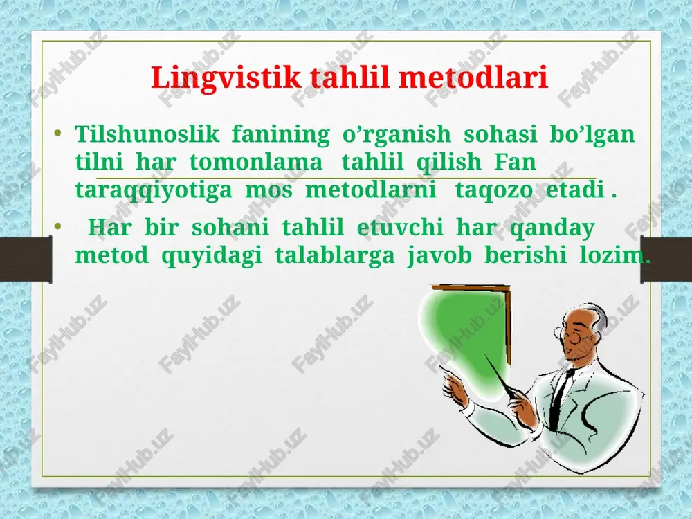 shakllari (morfologik kategoriyalar ) izohlanadi 1 . tillarning o’ziga xos xususiyatlarini va boshqa tillar bilan o’xshash jihatlarini qiyoslash natijasida ularni qarindosh yki qarindosh emasligini aniqlash . 2 . qarindosh deb topilgan tillarni o’zaro qiyoslab o’rganib , ular uchun umumiy bo’lgan ginetik asosni aniqlash ; bu taxlit o’rganishda retrospektiv qiyoslash usulidan foydalanish . bunda tillarning hozirgi holatini qiyoslashdan tarixiy ko’rinishlariga qarab boriladi 3 . tillarning tadrijiy taraqqiyoti o’rganiladi , ya’ni tilning hozirgi holatigacha bo’lgan taraqqiyot yo’lini qiyosan tahlil qilish mumkin . bunday qiyoslash prospektiv qiyoslash deyiladi . bunda tarixiy yozma yodgorliklar boshlang’ich manba sifatida xizmat qiladi . tarixiy-qiyosiy metod e’tiboringiz uchun rahmat!!! image5.png image6.png image7.jpeg image8.gif image3.png image4.png /docprops/thumbnail.jpeg