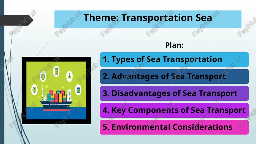 ea transport ports: ports are hubs where ships load and unload cargo. major international ports include singapore, rotterdam, and los angeles. shipping routes: these are the predetermined paths taken by vessels to navigate between ports. notable routes include the suez canal and panama canal. international regulations: the international maritime organization (imo) sets regulations regarding safety, pollution prevention, and security for ships and maritime activities. environmental considerations pollution: ships can contribute to marine pollution through oil spills, waste discharge, and emissions from engines. emission standards: efforts to reduce emissions in maritime transport are being implemented through regulations such as the international maritime organization's (imo) sulphur cap. sustainable practices: the shipping industry is exploring greener technologies, such as wind-assisted propulsion, and moving towards the use of cleaner fuels. thank you for your attention! image1.png image2.jpeg image3.jpeg image7.jpeg image4.jpeg image5.jpeg image6.jpeg image8.jfif image9.jfif image10.jfif image11.jpeg /docprops/thumbnail.jpeg presentation by ‘adhamjonov doniyorjon, {a student at …