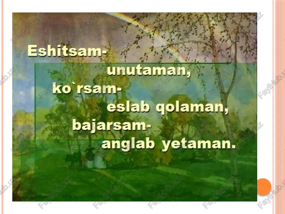 ik psixologiya quyidagi vazifalarni bajaradi: ta`lim oluvchining aqliy va shaxsiy rivojlanishiga ta`limiy va tarbiyaviy ta`sir ko’rsatish mexanizmlari va qonuniyatlarini yoritib berish; ta`lim oluvchilarning hozirgi kunga qadar insoniyat to’plagan tarixiy, ijtimoiy-madaniy tajribalarni o’zlashtirish, tizimga solish, saqlash va turli-tuman hayotiy vaziyatlarda amalda qo’llash mexanizmlari va qonuniyatlarini aniqlash; ta`lim oluvchilarning aqliy va shaxsiy rivojlanish darajasi, ta`limiy hamda tarbiyaviy ta`sir ko’rsatish usullarining o’zaro uzviy aloqadorlik darajasini aniqlash; ta`lim oluvchilarning o’quv faoliyatini tashkil etish va boshqarish hamda ushbu jarayonlarning o’quv-bilish faolligiga ta`sirini aniqlash; pedagog faoliyatining psixologik asoslarini, uning individual-psixologik va kasbiy sifatlarini o’rganish; pedagogik psixologiyaning tamoyillari tamoyillar – muayyan bir nazariya, yo’nalish, yaxlit bir fanning dastlabki tayanch nuqtalari, poydevori va asosiy talablari sanaladi. pedagogik tamoyillar – asosiy g’oyalar, ularga amal qilish va hayotga tatbiq etish, belgilangan pedagogik maqsadlarga samarali ravishda erishish imkoniyatini taqdim etadi. tabiiy uyg’unlik tamoyili – o’tmishdagi pedagogik tamoyillardan biri. tabiiy uyg’unlik tamoyilini joriy etish qoidalari: - pedagogik jarayonni o’quvchilarning yosh va individual …