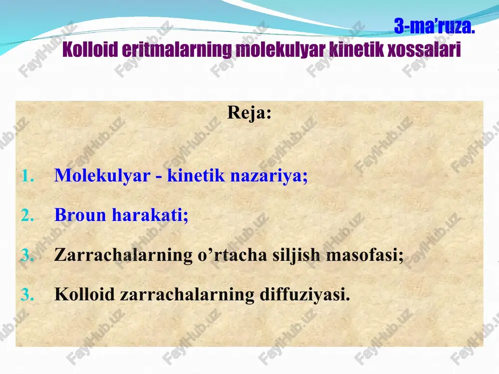 un harakati sababini aniqlash mumkin bo’ldi. bu nazariyaga muvofiq, suyuqlik molekulalari (yani, dispers muhit) hamma vaqt issiqlik harakatida bo’lib, ular suyuqlikka tushirilgan zarrachaga kelib uriladi va uni bir tomondan 2 chi tomonga siljitadi. zarrachadagi broun harakatini quyidagi chizmadan ko‘rish mumkin. rasmda zarrachaning siljishi broun xarakatining qanchalik sust yoki tez bo‘layotganligini ko‘rsatadi. kolloid zarrachasini harakat yo‘li doimo o‘zgarib turadi, uning o‘tgan yo‘lini chizib borish juda qiyin. demak, broun harakati molekulyar kinetik tabiatga ega bo’lib, dispers muhit molekulalarining issiqlik harakati natijasida vujudga keladi. urilishlar soni turli tomondan va benihoya katta bo’lgani (sekundiga 1020 ta urilish) uchun kolloid zarracha turli tezlikda va yo’nalishda harakatlanadi. shuning uchun zarrachaning harakat yo’lini o’chab bo’lmaydi. perren vaqt birligi ichida zarrachaning siljish masofasini δχ ni o’lchashni taklif etdi. siljish masofasi – broun harakati tez yoki sekin bo’layotgani haqida ma’lumot beradi. t sijish masofasi a.eynshteyn va m.smoluxovskiylar t - vaqt ichidagi o’rtacha siljishning kvadratini hisoblash uchun quyidagi formulani taklif …