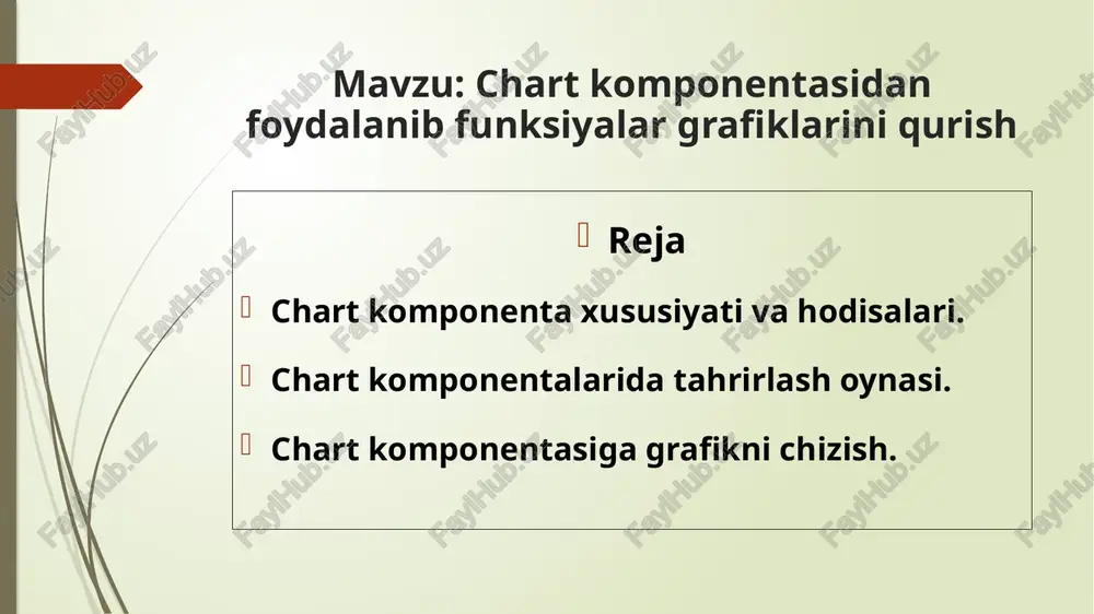ati va hodisalari boshqa komponentalarniki kabi bo‘lib, xuddi o‘shalar kabi bo‘limlarga bo‘lingan. ularning maxsuslarini keltirib o‘tamiz. borderskin xususiyatlar gruppasi bo‘lib, unda komponentaning yangi niqobga solish mumkin. niqob deganda, uning yangi ko‘rinishi inobatga olingan. rang (color), rasm (image), stil (style), kengligi (width) kabi xususiyatlari mavjud. bu xususiyatlarni o‘rnatish muammo keltirib chiqarmaydi. oldingi o‘rganganlaringizda bunday xususiyatlardan foydalangansiz. shuningdek asosiy niqob bu skinstyle bo‘lib, komponentaning asosiy ko‘rinishini o‘zgartrish uchun xizmat qiladi. uning mos qiymatlar ro‘yxati mavjud, shundan keraklisini tanlabolish mumkin. 2.palette (palitra) – xususiyati yordamida komponentaning infografikani ko‘rsatadigan shaklini tanlash mumkin. uning mos qiymatlar ro‘yxati mavjud. 3. palettecustomcolors – bunda ham komponentaning infografikani ko‘rsatadigan shaklini tanlash mumkin. ammo foydalanuvchi o‘zining rangi tanlashimi mumkin. bunda maxsus muloqot oynasi aosida palitraga turli ranglarni qo‘shish mumkin. 4. annotations – bunda komponentaga izohlarni yozish mumkin. buning o‘zining xususiyatlari maxsus muloqot oynasi yordamida o‘rnatiladi. tahrirlash oynasi. bu oynda yangi qiymatlar maydoni qo‘shish uchun [add] tugmasi va uni o‘chirish …