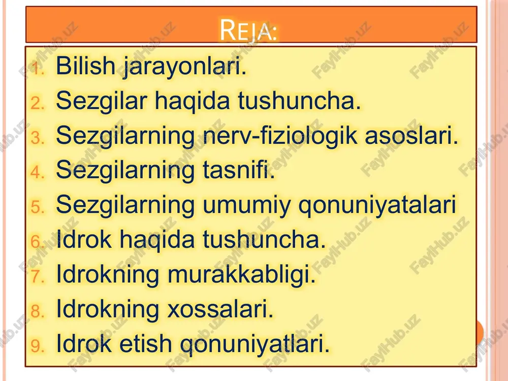 qabul qilib olib, fizologik jarayon bo’lgan qo’zg’alishni psixik jarayonga, ya’ni sezgilarga aylantiruvchi nerv mexanizmlari tizimi. analizator apparati 3 qismdan tashkil topgan bo’lib, ular quyidagilardan iborat. periferik – tashqi quvvatni nerv jarayoniga o’tkazadigan maxsus transformator qismi analizatorning periferik bo’limining markaziy analizator bilan bog’laydigan yo’llarni ochadigan afferent va efferent nervlar analizatorning periferik bo’limlaridan keladigan nerv signallarining qayta ishlanishi sodir bo’ladigan qobiq osti va qobiq bo’limlari. ch.sherrington retseptorlarning qayerda joylashganiga qarab sezgilarni 3 turga bo’ladi. tashqi muhitdagi narsa va hodisalarning xususiyatlarini aks ettirishga moslashgan hamda retseptorlari tananing sirtqi qismida joylashgan sezgilar, ya’ni ekstroretseptiv sezgilar. ichki tana a’zolari holatlarini aks ettiruvchi hamda retseptorlari ichki tana a’zolarida, to’qimalarda joylashgan sezgilar, ya’ni interoretseptiv sezgialr. tanamiz va gavdamizning holati hamda harakatlari haqida ma’lumot beruvchi muskullarda, bog’lovchi paylarda,mushaklarda joylashgan sezgilar, ya’ni proprioretseptiv sezgilar. sezgi turlari ko’rish sezgilari teri sezgilari muskul-harakat statik sezgilar eshitish sezgilari hid bilish sezgilari ta’m bilish sezgilari organik sezgilar insonlar tomonidan rang va yorug’likni sezish …