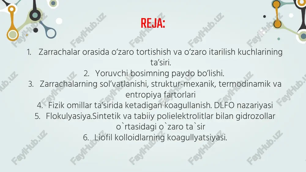 i, ya’ni bir-biridan qochish kuchlari dlfo nazariyasiga binoan elektrostatik xarakterga ega. dispers fazalarning zarrachalari kinetik energiyaga ega (kt), bu energiya orqali ular ma’lum bir masofaga harakat qilishi mumkin, ya’ni yaqinlashishi va uzoqlashishi mumkin. itarilish energiyasi (bir-biridan uzoqlashish energiyasi) zarrachalar orasidagi masofa katta bo‘lgan sari kamayib boradi. agar biz rasmdagi umumlashtirilmagan chiziqni tahlil qilib chiqsak, unda bir necha o‘ziga xos sohalarni ko‘rishimiz mumkin: birinchi soha “ab” eng kichik masofaga to‘g‘ri keladigan minimum soha bo‘lib, uni potentsial o‘ra (potentsialnaya yama) deb qarash mumkin, bu potentsial o‘ra tortilish energiyasining kattaligini ko‘rsatadi. lekin uzoq masofada ham tortilish energiyasini ortiqligini ko‘rish mumkin, (“vb”) bu ikkinchi katta bo‘lmagan minimum bo‘lib, ikkinchi potentsial o‘ra hisoblanadi. o‘rta masofalarda (“bv”) grafikda maksimum paydo bo‘lib, u itarish kuchlarining kattaligini ko‘rsatadi va energetik barer deb ataladi(b). uning kattaligi sistemaning agregativ barqarorligiga bog‘liq. dispers fazalarning zarrachalari kinetik energiyaga ega (kt), bu energiya orqali ular ma’lum bir masofaga harakat qilishi mumkin, ya’ni yaqinlashishi …