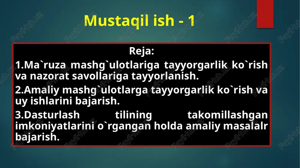 otira, maxsus qobiliyatlarni rivojlantirish va boshqalar). ma'ruza turlari 1. kirish - mavzuni o'rganish uchun kirish, unda darsning asosiy maqsadlari ko'rsatiladi, uning mazmunini qisqacha tavsiflaydi, ushbu fanning hozirgi rivojlanish darajasini ochib beradi, asosiy va qo'shimcha adabiyotlarni taklif etadi. 2. tasdiqlangan - o'quv nizomini, mavzusini, darsning asosiy toifalari va muammolarini, uning xususiyatlarini, ahamiyatini mustaqil ravishda o'zlashtirishga yordam beradi. 3.asosiy kurslar va maxsus kurslar uchun mavzuli yoki dolzarb bo'lib, bu erda tizimli va batafsil ravishda akademik fanlarning alohida mavzulari ko'rib chiqiladi; 4. umumlashtirish fanning ma'lum bir bo'limini (mavzusini) o'rganishni yakunlaydi, ilgari ko'rib chiqilgan material yuqori ilmiy va nazariy darajada umumlashtirilib tizimlashtiriladi va talabalar mustaqil ish jarayonida olgan bilimlari bilan birlashtiriladi. 5.so'rovnoma - davlat oldida yakuniy kurslarda intizomni o'rgangandan so'ng o'qiladi, olingan bilimlarni tizimlash-tirish, materialni umumlashtirish, muammoni chuqur ko'rib chiqish, tematik ma'ruzalarni o'qish jarayonida oshkor qilinmagan masalalarni ishlab chiqish maqsadida. 6. xulosaviy (yakuniy) - butun kursni o'rganish natijalarini umumlashtiradi, ilgari olingan bilimlarni chuqurlashtiradi va …