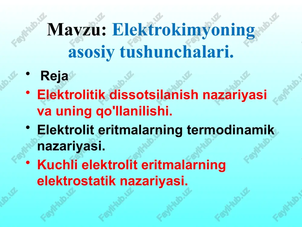 sil bo'lishi sodir bo'ladi. (assosiasiya) suyuqlanmalarada moddaning ionlarga parchalanishi sababi. qizdirish krisstall panjara tugunlarida ionlar tebranishishini oshiradi –kristall panjara buziladi. moddalarning suvda dissosiasiyalanish sababi 1. suv qutbli molekula xisoblanadi 2. suv ionlar o'z aro ta'sirini 81 marta kamaytiradi. suvning dipollari kristall panjarada «taqsimlanadi" kristallik panjara parchalanadi elektrolitlarning parchalanishida ionlar gidratlanadi u to'la qisqa ionli ko'rinishda quyidapgicha yoziladi agar molekulada har xil qutblangan elektrolit molekulasida birinchi navbatda ko'proq qutblangan bog'lar dissosiyalanadi nahso4 na+ + hso4- h++so4-2 elektrolit eritmalarining xossalari elektrolit eritmalarining xossalari kislota, ishqor va tuzlarning suvli eritmalaridagi zarrachalarning molyar konsentrasiyasi va elektr o'tkazuvchanligi yuqori eritmalari elektr tokini o'tkazuvchi bunday moddalar elektrolitlar deb ataladi. elektrolit eritmalarining xossalari elektrolitlarning xossalari elektrolitik dissosiyalanish nazariyasining asoschisi arrenius (1887 yil) tomonidan ko'rib chiqilgan va umumlashtirilgan. erituvchining qutbli molekulalari bilan erigan modda zarrachalari orasidagi ta'sir natijasida elektrolitik dissosilanish sodir bo'ladi. eritmada gidratlangan ionlarga aylanadi kovalent qutublangan birikmalarni dissossiyalanishi elektrolitlarning ushbu qonunlardan chetlanishini baholash uchun vant-goff osmotik …
