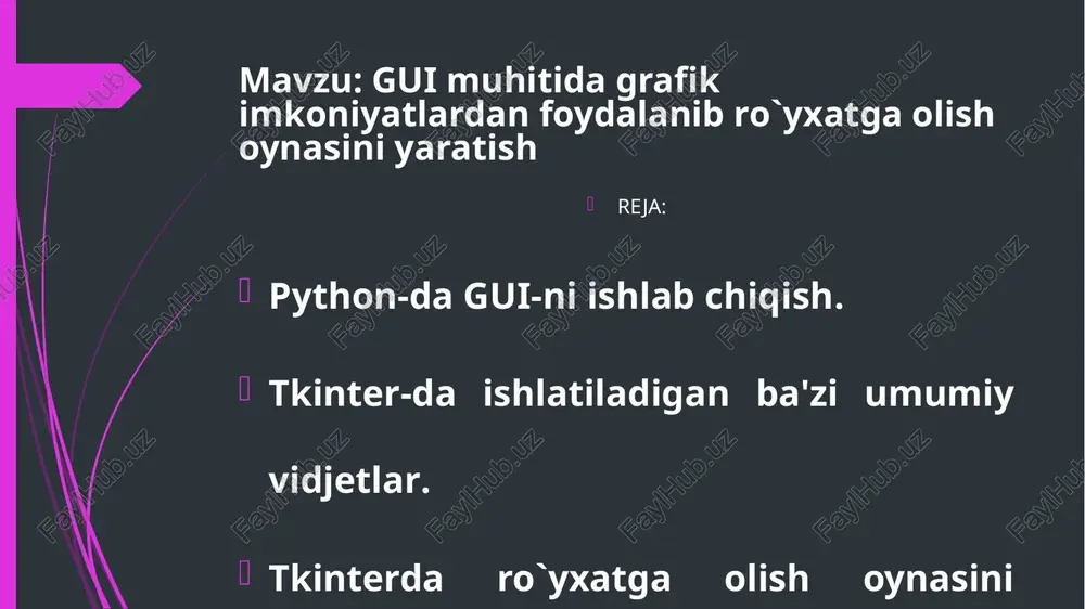 : unda faqat matn elementlari mavjud, ularning barchasi bir xil rang va shriftga ega. scrollbar: bu surma boshqaruvchini beradi. canvas : maxsus vidjetlar tuval vidjeti yordamida amalga oshirilishi mumkin. masshtab: ushbu vidjet turli xil o'lchov qiymatlarini tanlash imkonini beruvchi grafik slayder elementlarini taklif etadi. radio tugmasi: bir nechta variantdan birini bajarish uchun radio tugmasidan foydalaning. belgilash qutisi : yoqish va o'chirish tanlovlarini amalga oshirish uchun katakchadan foydalaning. listbox : unda faqat matn elementlari mavjud, ularning barchasi bir xil rang va shriftga ega. tkinter yordamida oddiy ro'yxatdan o'tish shaklini qanday boshlash kerak: 1-qadam: birinchi qadam tkinter modulini import qilishdir (tkinter import * yoki shunchaki import tkinter yordamida). 2-qadam: gui dasturining asosiy oynasi yaratildi. 3-qadam: gui dasturiga bir yoki bir nechta vidjetlarni qo'shing (tugmalar, teglar va matn qutilari kabi boshqaruvlar). 4-qadam: foydalanuvchi ishga tushirgan har bir hodisaga munosabat bildirish uchun asosiy voqealarni kiriting. python da tkinter yordamida ro'yxatdan o'tish shaklini yaratish: ushbu …