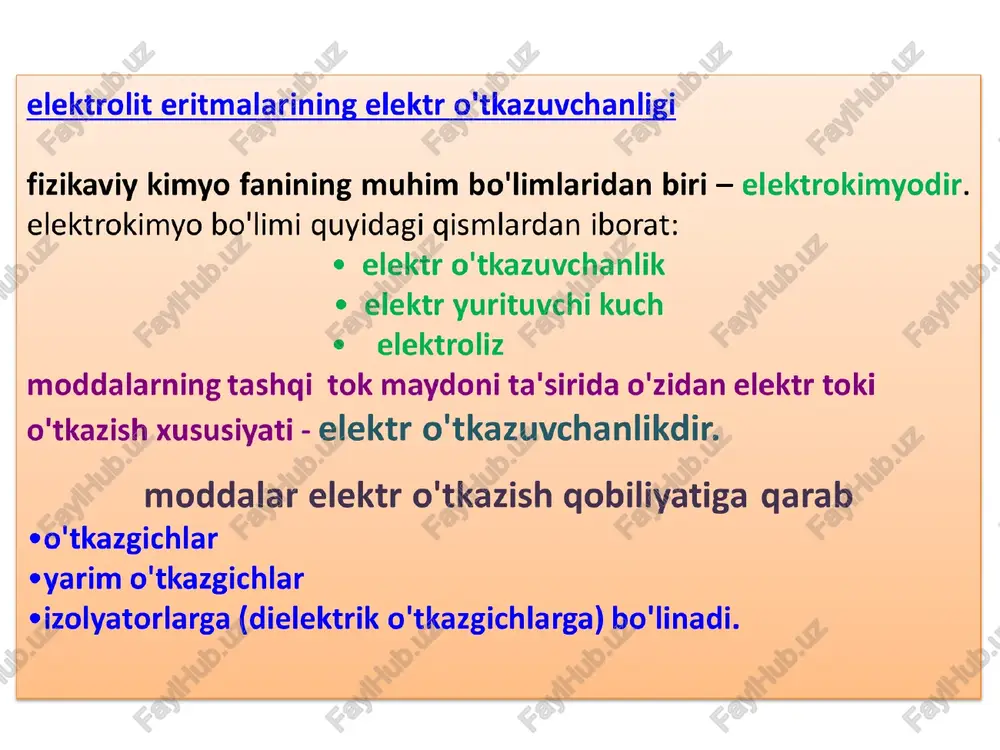 ing elektr toki o'tishiga ko'rsatgan qarshiligi bilan ifodalanadi, ya'ni elektr o'tkazuvchanlik – elektr tokiga bo'lgan qarshilikka teskari qiymatdir: fizika kursidan ma'lumki solishtirma elektr o'tkazuvchanlik uzunligi 1sm, ko'ndalang kesim yuzasi 1sm2 bo'lgan o'tkazgichning qarshiligi solishtirma qarshilik ( ρ- u o'tkazgich turiga bog'liq) deyiladi unga teskari bo'lgan kattalik solishtirma elektr o'tkazuvchanlikdir : bo'ladi. uni (3) ga qo'ysak: (4) bo'ladi. o'lchov birligi shunday qilib, solishtirma elektr o'tkazuvchanlik – bu uzunligi 1sm, ko'ndalang kesimi yuzasi 1sm2 bo'lgan moddaning elektr o'tkazuvchanligidir (3) 2-tur o'tkazgichlar, ya'ni eritmalarning solishtirma elektr o'tkazuvchanligini aniqlash turli shakldagi idishlarda olib boriladi va unga albatta elektrod tushiriladi. yaxshi o'tkazgichlar uchun elektrodlar sathi kichik va elektrodlar orasi uzoq bo'lgan idishlar qo'llangani ma'qul: elektr tokini yomon o'tkazadigan eritmalar uchun elektrodlar sathi katta bo'lib, bir-biriga yaqin joylashtirilishi kerak. s s - + + - + - + + + + + + + + - - - - - - - - + demak, solishtirma …