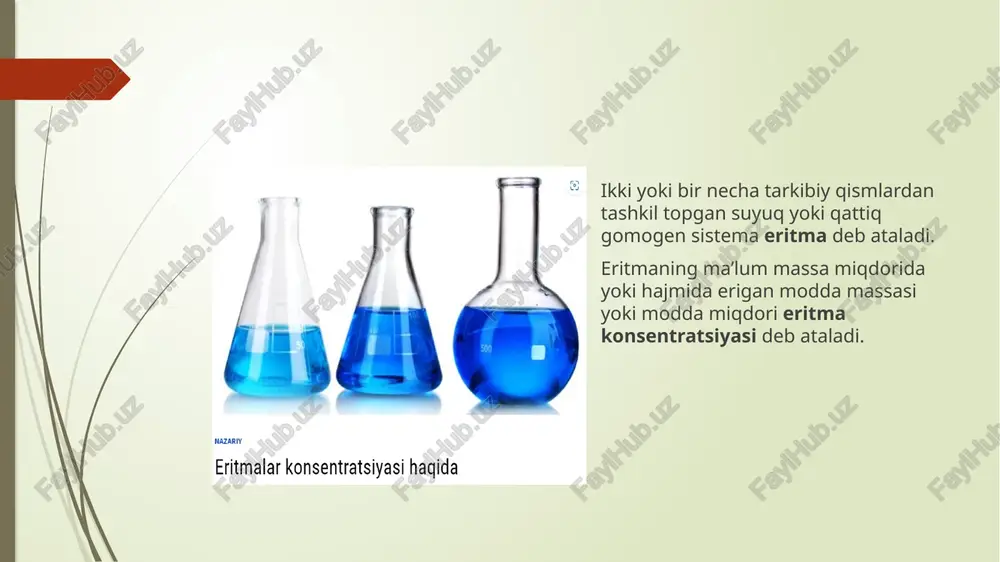 (odatiy) sharoitlarda bo'lganidan ko'proq bo'ladi. image1.png image2.png nazariy eritmalar konsentratsiyasi haqida eruvchanlik toyingan o'tato'yingan eritma ; 5 eritma eritma /docprops/thumbnail.jpeg eritma konsentratsiyalarini hisoblashga doir masalalar yechish