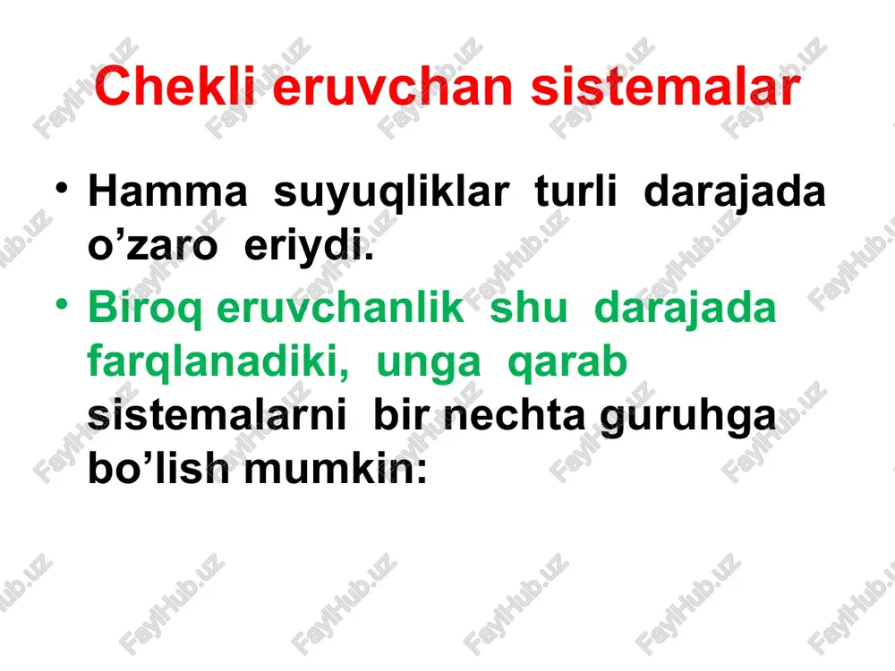 i saqlash vaqtida delaminatsiyalanmaydigan qavatlanmaganligini aniqlashga imkon beradi. diagrammalarni chizish uchun keng konsentratsiyalar oralig'ida ma'lum tarkibga ega bo'lgan bir qator aralashmalar tayyorlanadi. 5 5 1. yuqori kritik erish haroratiga ega kam eriydigan suyuqliklar (fenol-suv, anilin-suv) agar t haroratda anilin suvga kichik qismlarda silkitib qo'shilsa, dastlab bir hil eritma paydo bo'ladi. ajratish egri chizig'ining a nuqtasida suvli eritma anilin bilan to'yinganlikka erishadi. keyinchalik anilin qo'shilishi bilan sistema yangi qatlam - anilindagi suvning to'yingan eritmasi hosil bo'lishi sababli ikki qatlamga bo'linadi, uning tarkibi t haroratda c nuqtasi bilan aniqlanadi. 6 harorat ko'tarilgach, eruvchanlik chegaralari bir-biriga yaqinlashadi va ajratish hududi kamayadi. ba'zi hollarda suyuqliklar har qanday nisbatda aralashadigan haroratga erishish mumkin. bu harorat yuqori kritik erish harorati (tcr) deb ataladi. 1 rasm. yuqori kritik erish haroratiga ega bo'lgan kam eriydigan suyuqliklarning holati diagrammasi. yuqori kritik erish haroratiga ega kam eriydigan suyuqliklar (fenol-suv, anilin-suv) ak egri chizig'i suvli qatlam tarkibining haroratga bog'liqligini, kb egri …