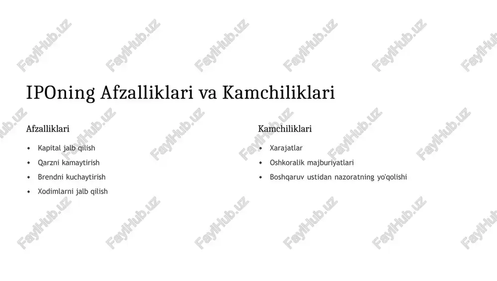 i o'rnatishi kerak. aksiya narxiga turli omillar ta'sir etadi. investorlar uzoq muddatli investitsiya yoki tezkor sotish strategiyalarini tanlashlari mumkin. 2 3 1 moliyaviy hisobot investorlar aksiya narxi ipo muvaffaqiyatini ta'minlovchi omillar 1 biznes model 2 boshqaruv 3 o'sish 4 marketing 5 bozor xulosa: ipo – imkoniyat va xavf ipolar kompaniyalar uchun katta imkoniyat, lekin investorlar uchun xavf- xatar bilan birga keladi. agar sizda savollar bo'lsa, bizga murojaat qiling. e'tiboringiz uchun rahmat! image1.jpeg image2.jpeg image3.jpeg image4.jpeg image5.jpeg image6.jpeg | i —s fell be — j * a , ° a | i of a rf ' | a. tere6o 18139) yona © crace oplicy £9 2¢ prospectus nes $130 sas 20.0 sper sao 3770 $720 spetues $9.99 3559 5270 spotianes $5599 sss? $1497 pprojctuits tup financtiuts ie $250 s740 s1s0 23.00 8 $178 $700 $375 $100 nay stso $190 $373 7d s 390 $000 $758 $120 aly $379 $400 $199 $530 …