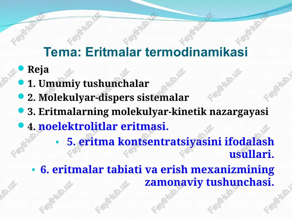 mexanik usullarda bir-biridan ajratib bo’lmaydi. eritmalarning komponentlarning alohida molekulalargacha yoki molekulalarning kichik assotsiatlarigacha bo’linganl bo’lib molekulyar-dispers sistemalar deb ham atashadi. eritmalar eritmalarning bir jinsliligi undagi komponentlarning alohida molekulalargacha yoki molekulalarning (ayrim hollarda ionlar yoki atomlarning) kichik assotsiatlarigacha bo’linganligi bilan chin eritmalarni molekulyar-dispers sistemalar deb ham atashadi. eritmalar molekulyar-kinetik nuqtai nazarga ko’ra, chin eritmalardan geterogen aralashmalarga o’tish uzluksiz bo’ladi. aralashmalarning bu ikki turi o’rtasidagi soha (1-1000 nm) kolloid eritmalar egallaydi. kolloid eritmalar o’ziga xos bo’lib, mexanik aralashmalar va chin eritmalardan tubdan farq qiluvchi xususiyatlarga ega bo’ladi. eritmalar oxirgi yillarda fanning shiddatli ravishda rivojlanishi natijasida kolloid eritmalar bilan chin eritmalar orasidagi sohani, ya’ni zarrachalari 1-100 nm radiusga ega bo’lgan sistemalar, alohida sinfga ajratildi. ushbu sohaga tegishli sistemalarni o’rganuvchi yangi fan – “nano-kimyo” vujudga keldi va “nanotexnologiya”, “nanomateriallar” kabi atamalar paydo bo’ldi. eritmalar eritmalar gaz, suyuq va qattiq agregat holatlarida mavjud bo’lishi mumkin. suyuq agregat holatidagi, eritmalar katta amaliy ahamiyatga ega. qattiq holatda …