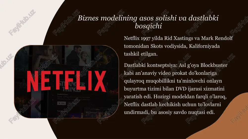 unida netflix aksiyalari 16 dollarga yopildi va uning dastlabki yillarida tebranishda davom etdi, sarmoyadorlar kompaniyaning kelajakdagi istiqbollarini baholashga harakat qilganda narx yuqori va past darajaga yetdi. obunachilarning o'sishi ipodan so'ng netflix obunachilar bazasini ko'paytirishda davom etdi. 2003 yilga kelib, u 1 milliondan ortiq obunachiga ega bo'ldi, bu muhim bosqich edi. o'sish shiddat bilan davom etdi, chunki kompaniya logistikani kengaytirdi, katalogini yaxshiladi va o'zining xususiy algoritmlari asosida shaxsiylashtirilgan tavsiyalar kabi xususiyatlarni kiritdi. netflix o'zining striming xizmatini 2007 yilda ishga tushirdi, bu kompaniya tarixida muhim voqea bo'ldi. bu jasoratli harakat edi, chunki uning raqobatchilarining aksariyati hali ham dvd ijarasiga e'tibor qaratishgan yoki o'sha paytda oqim texnologiyasini qo'llashga ikkilanishgan. streamingga o'tish xizmat filmlar va teleko'rsatuvlarning cheklangan tanlovi bilan boshlandi va faqat qo'shma shtatlarda mavjud edi. biroq, bu netflix-ni dvd ijarasi xizmatidan raqamli oqim kuchiga aylantiradigan strategik yo'nalishning boshlanishini belgiladi. birinchi striming takliflari original seriya 2013 yilda netflix o'zining birinchi original seriyasini chiqardi, "kartokalar …