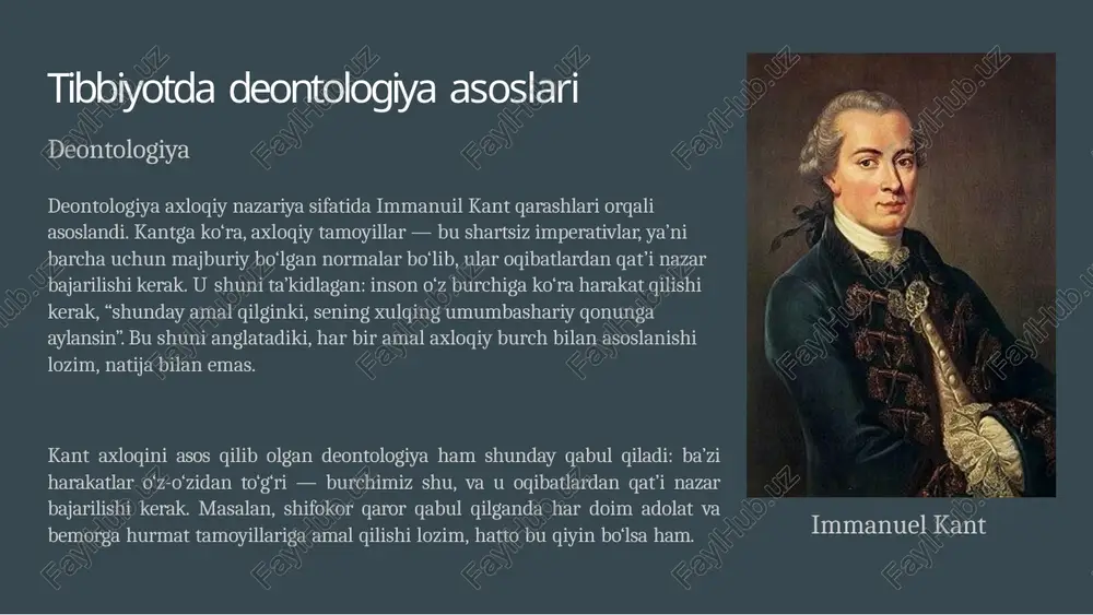 amaliyotiga axloqiy normalarni tatbiq qiladi, bunda har bir qaror faqat natijaga emas, balki axloqiy tamoyillarga muvofiq bo‘lishi kerak. tibbiyotda yatrogeniya va evtanaziya muammolari yatrogeniya yatrogeniya yoki tibbiy aralashuvlarning noxush oqibatlari esa shifokorlarning javobgarligi va malakasi chegaralarini muhokama qiladi. bu tushuncha tashxis qo‘yish, davolash yoki jarayonlar davomida yuzaga keladigan xatolar va asoratlarni o‘z ichiga oladi. yatrogenik holatlar ba'zan malakasizlik natijasi bo‘lsa, ba'zan esa mablag‘ yetishmasligi yoki tibbiyot xodimlarining ortiqcha yuklanishi kabi tizimli muammolar sababli yuzaga keladi. yatrogeniyadan aziyat chekkan bemorlar tibbiyotga ishonchini yo‘qotishi mumkin, bu esa umumiy sog‘liqni saqlash tizimiga ta'sir qiladi. boshqa tomondan, yatrogeniyaga e'tibor qaratish professional standartlarni rivojlantirish va sifat nazorati usullarini yaxshilashga yordam beradi va ko‘plab bunday holatlarning oldini olishga imkon beradi. ba’zi yatrogen kasalliklar dori vositalarining nojo'ya ta’sirlari – dorilarni qabul qilish natijasida yuzaga keladigan salbiy reaksiyalar, masalan, antibiotiklarga allergiya yoki parasetamol tufayli jigarga zarar yetishi. kasalxona infeksiyalari – shifoxonada davolanish davomida yuqadigan infeksiyalar, masalan, kateter orqali …