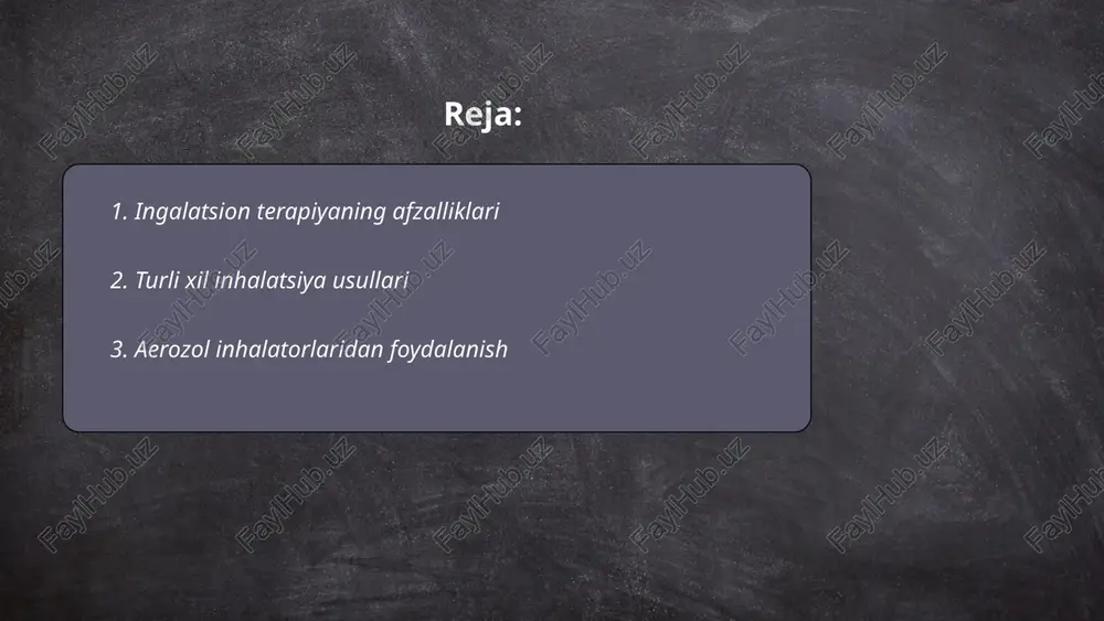 ining samaradorligi o‘g‘il bolalar va qiz bolalar uchun bir xil. statistika shuni ko‘rsatadiki, barcha astma bemorlarining taxminan 70% ulardan foyda ko‘radi. foydalanishdan oldin inhalatorni yaxshilab chayqash va har foydalanishdan so'ng og‘izni suv bilan chayish kerak. aerozol inhalatorlari har 1-2 oyda kamida bir marta tekshirilishi lozim. ... t.me/slaydai_bot 4. nebulizer yordamida davolash nebulizator yordamida davolash jarayoni astma, bronxit va boshqa nafas olish yo‘llari kasalliklarida qo‘llaniladi. nebulizator dori moddalarni mayda aerozol holatiga keltirib, nafas olish yo‘llariga yetkazadi. odatda, nebulizator yordamida bronxodilatatorlar, kortikosteroidlar kabi dorilar foydalaniladi. ushbu usul nafas olishni yaxshilaydi va simptomlarni yengillashtiradi. nebulizator seansi odatda 5-10 daqiqa davom etadi va kunda bir necha marta foydalanish mumkin. davolanish rejasini shifokor belgilaydi. ushbu usul bolalar va kattalar uchun xavfsiz bo‘lib, tez ta’sir ko‘rsatadi. nebulizatorlar ko‘pincha uyda yoki shifoxonada ishlatiladi. ... t.me/slaydai_bot ingalatsiya usuli nafas yo‘llari kasalliklarini davolashda keng qo‘llaniladi. ingalatsiya uchun dorilar turlari turli xil bo‘lib, ularga bronxlarni kengaytiruvchi dorilar, kortikosteroidlar, mukolitiklar va …