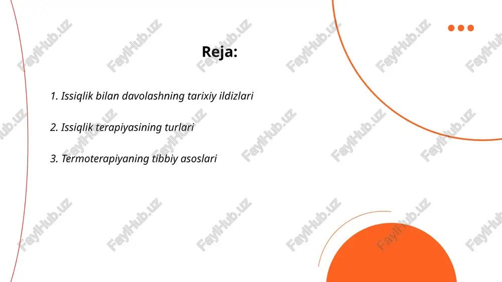 ki issiqlik bilan davolash, turli kasalliklarni davolashda issiqlik energiyasidan foydalanadi. tibbiy asoslari shundan iboratki, issiqlik mushak va bo‘g‘im og‘rig‘ini kamaytiradi, qon aylanishini yaxshilaydi, va to‘qimalarning regeneratsiyasini qo‘llab-quvvatlaydi. usullar orasida issiq kompresslar, issiq vanna, hamda infraqizil terapiya kiradi. issiqlik jarayonlari asosan revmatizm, artrit va mushak tortishishi kabi kasalliklarni yengillashtirishda qo‘llaniladi. optimal harorat odatda 40-45°c atrofida bo‘lib, matolarni kuyishdan himoya qilish kerak. ba'zi holatlarda, masalan, yallig‘lanish yoki yuqori haroratli jarohatlar bilan bog‘liq hollarda, termoterapiya tavsiya etilmaydi. ... t.me/slaydai_bot 4. issiqlik bilan davolashning fiziologik ta'siri issiqlik bilan davolash (termoterapiya) tanaga fiziologik ta'sir ko'rsatadi. ushbu davolash jarayonida qon aylanishi yaxshilanadi va mushaklar bo'shashadi. issiqlikni qo'llash natijasida teri yuzasida kapillyarlar kengayadi, bu esa hujayralarga ko'proq kislorod va oziq moddalar etkazib beradi. termoterapiya og'riqni kamaytirish uchun ishlatiladi, chunki issiqlik neyronlar faolligini pasaytiradi. mushaklardagi spazmlar kamayadi, yallig'lanish jarayonlari sekinlashadi yoki yo'qoladi. tadqiqotlar shuni ko'rsatadiki, muntazam issiqlik bilan davolash qo'llanganda reabilitatsiya jarayoni 30% ga tezlashishi mumkin. issiqlikni qo'llash …