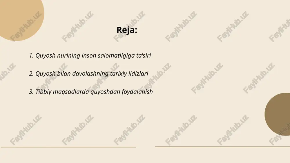 i yaxshilaydi. shuningdek, quyosh nuri kayfiyatni ko'taradi, depresiyani kamaytirishga yordam beradi. tibbiy jihatdan, kuniga taxminan 10-30 daqiqa quyosh nuri ostida bo'lish tavsiya etiladi, lekin bu miqdor teri turiga va yashash joyiga bog'liq holda o'zgarishi mumkin. ortiqcha quyosh ta'siri teri saratoni xavfini oshiradi, shuning uchun ehtiyotkorlik lozim. ... t.me/slaydai_bot 4. terapevtik quyosh nurlari terapevtik quyosh nurlari inson salomatligi uchun muhimdir. quyosh nurlari, ayniqsa ultrabinafsha b (uvb) nurlari terida d vitamini sintezini rag'batlantiradi. d vitamini suyaklar sog'lig'i, immunitet tizimi va yurak-qon tomir tizimi uchun zarurdir. ammo ortiqcha quyosh nurlari zararli bo'lib, teri saratoni xavfini oshirishi mumkin. shuning uchun, xavfsiz quyosh ta'sir qilish vaqti kuniga taxminan 10-30 daqiqa, haftada 2-3 marta yetarli. bu vaqtda uv indeks past bo'lsa, zararli ta'sir kam bo'ladi. optimal vaqt ertalab yoki kechqurun, quyoshning kuchli bo'lmagan soatlaridir. ... t.me/slaydai_bot quyosh nurlari teriga tushganda, unda d vitamini sintezi boshlanadi. infratuzilmagan nurlar (uvb) 7-dehidroxolesterol molekulasini d3 vitaminiga aylantiradi. bu jarayon asosan …