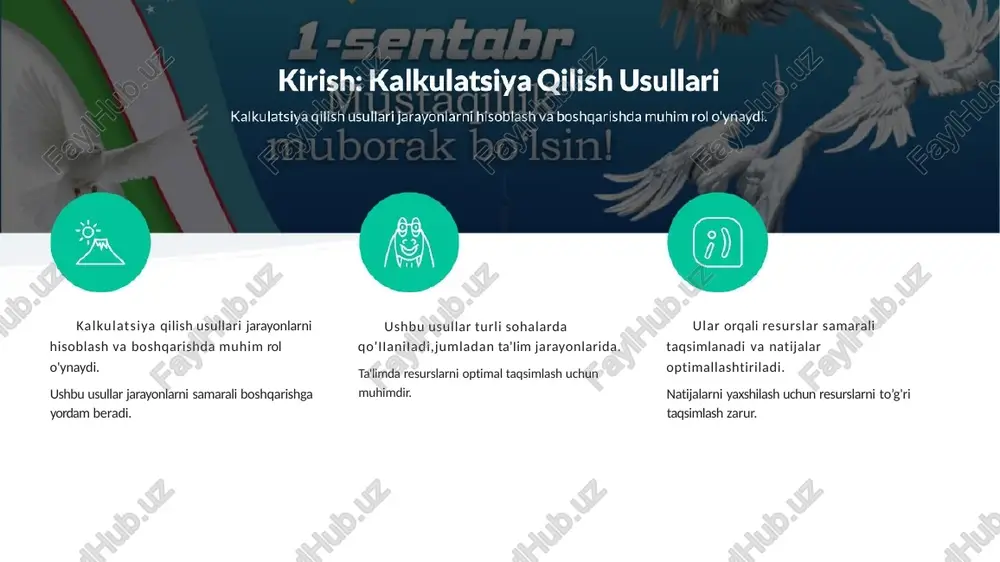 ordam beradi. kalkulatsiya usullarï: muvafiaqiyatli misollar o'qitishda oqim diagrammalari va gantt jadvallarining qo'ilanilishi. ta'limda kalkulatsiya usullarining ahamiyati kalkulatsiya usullari ta'lim jarayonini samarali qilishda muhim rol o'ynaydi. kalkulatsiya usullari ta'lim jarayonini samarali qiladi. kalkulatsiya usullari ta'iim jarayonining samaradorligini oshiradi, bu esa ta'iim sifatini yaxshilashga yordam beradi. resurslar to’g'ri taqsimlanadi. kalkulatsiya usullari orqali resurslar optimal tarzda taqsimlanadi, buesa ta'iim jarayonini yanada samarali qiladi. vaqt tejash amalga oshiriladi. kalkulatsiya usullari yordamida vaqtni tejash mumkin bo'iadi, bu esa o'qituvchilarga va talabalarga ko'proq vaqt ajratishga imkon yaratadi. bilim berish jarayoni optimallashtiriladi. kalkulatsiya usullari bilim berish jarayonini yanada samarali va optimallashtirilgan qilib beradi. 01 02 03 jarayonli kalkulatsiya qiiishnio'rganing jarayonli kalkulatsiya usullari va ularning afzalliklarini kashf eting. image1.jpeg image2.jpeg image3.jpeg image4.png image5.jpeg image6.jpeg image7.jpeg image8.png image9.jpeg image10.jpeg image11.jpeg image12.jpeg image13.jpeg image14.jpeg image15.jpeg image16.jpeg image17.png image18.jpeg image19.jpeg image20.jpeg image21.jpeg image22.jpeg image23.png image24.jpeg image25.jpeg image26.png image27.jpeg j 7 ted using b) presentations. kirish: kalkulatsiya qilish usullari kalkulatsiya qilish …