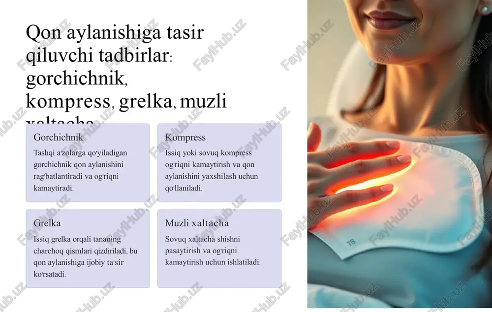vqatlar, harakatlanish yetishmasligi, ortiq vazn, chekish. bemor parvarishi: nazorat, salomatlik va hayot sifatini yaxshilash doimiy nazorat tibbiy xodimlar tomonidan bemorning doimiy kuzatilishi va muolajalar o'tkazilishi. salomatlikni yaxshilash parvarish rejasi, oziq-ovqat va jismoniy faollik orqali bemor salomatligini yaxshilash. hayot sifatini oshirish bemor uchun yashash sharoitlarini yaxshilash va ruhiy holatini yaxshilash. holat o'rganish: nazorat dalillari va kuzatish usullari 1 kuzatish bemor holati va belgilarini doimiy kuzatish. 2 testlar zarur tibbiy tekshiruvlar orqali bemorning holatini aniqlash. 3 tahlil olingan ma'lumotlarni o'rganish va baho berish. davolash va reabilitatsiya: samara va kutilayotgan natijalar 1 davo dori-darmonlar, jarrohlik amaliyotlari yoki boshqa muolajalar orqali bemor davolanadi. 2 reabilitatsiya jismoniy va ruhiy sog'liqni tiklash maqsadida maxsus mashqlar va dasturlar qo'llaniladi. 3 kutilayotgan natijalar davo va reabilitatsiya natijasida bemor sog'ligi va hayot sifati yaxshilanadi. xulosa va takliflar 1 xulosa yurak-qon tomir tizimi kasalliklari bilan kasallangan bemorlar maxsus parvarish va nazoratni talab qiladi. 2 taklif bemor davolash dasturi belgilanishi, ruhiy …