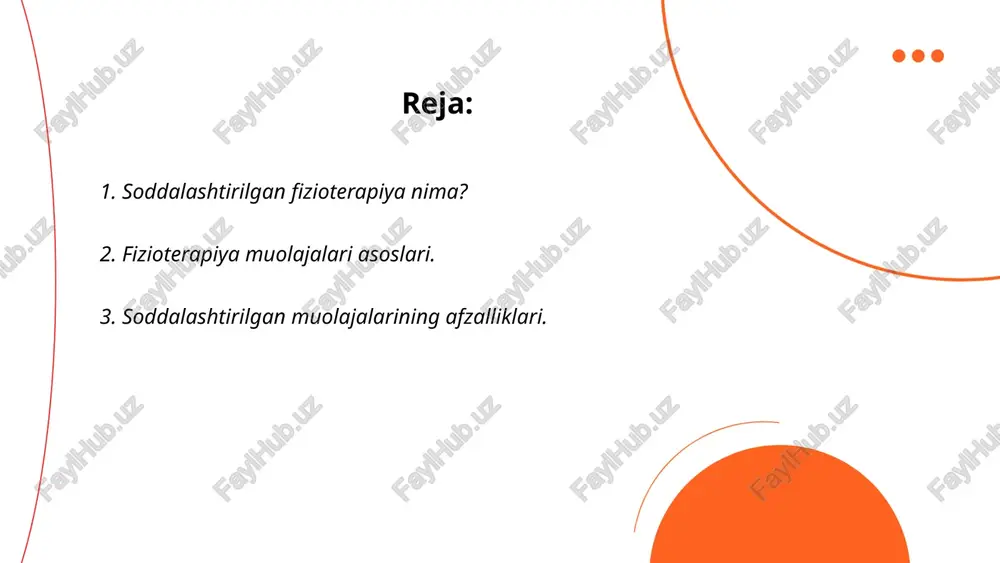 lajalar qisqa vaqt ichida o‘tkaziladi, bu vaqtni tejab, bemorlar uchun qulaylik yaratadi. odatda, bunday muolajalar nisbatan kam xarajat talab qiladi, bemorlar uchun iqtisodiy jihatdan qulayroqdir. infektsiya xavfi kamayadi, chunki jarayonlar juda invaziv emas. soddalashtirilgan muolajalardan keyin tiklanish tezroq bo‘lib, bemorlar ko‘pincha bir necha kun ichida normal hayot faoliyatiga qaytishi mumkin. bunday muolajalar ko‘pincha ambulatoriyada o‘tkazilishi mumkin, bu esa kasalxonada yotish talabini kamaytiradi. shu tariqa, sog‘liqni saqlash tizimida resurslarning optimal taqsimlanishini ta'minlaydi va ko‘proq bemorlarni qamrab olish imkonini beradi. ... t.me/slaydai_bot 4. jismoniy mashqlar va ularning maqsadi. jismoniy mashqlar sog'liqni saqlash va umuman jismoniy holatni yaxshilash uchun mo'ljallangan faoliyat turidir. ular kardio vaqti (yugurish, suzish), kuch oshirish (og'irlik ko'tarish), moslashuvchanlik (yoga, stretching) va muvofiqlikni (tiyin ushlab turish) o'z ichiga oladi. maqsad sog'liqni mustahkamlash, vaznni nazorat qilish, stressni kamaytirish va kayfiyatni yaxshilashdir. jahon sog'liqni saqlash tashkiloti kattalar uchun har haftada kamida 150 daqiqa o'rtacha jismoniy faollikni tavsiya etadi. jismoniy mashqlar yurak-qon tomir …