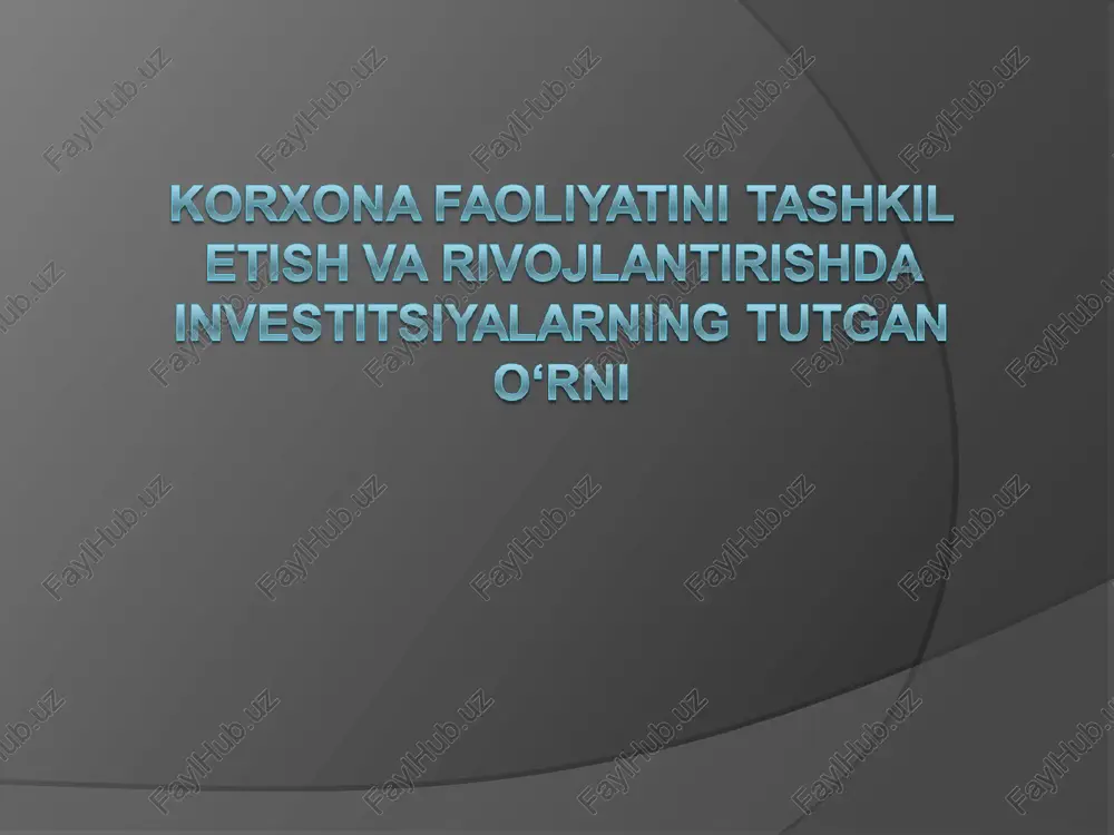 rish; harakatdagi quvvatlarni takomillashtirish. yangi qurilishga yangi maydonlarda maxsus ishlab chiqilgan loyihalar asosida quriluvchi korxona, bino, inshoot va qurilmalar mansubdir. faoliyat yuritayotgan korxonani kengaytirish qo`shimcha ishlab chiqarish majmualarining navbatdagi qismlarini yangi loyiha asosida qurish yoki asosiy, qo`shimcha, yordamchi va xizmat ko`rsatuvchi ishlab chiqarishning amaldagi sexlarini kengaytirish yoki qurishni anglatadi. u asosan, faoliyat yuritayotgan korxona hududida yoki unga tutash maydonlarda amalga oshiriladi. investitsiyalarning har xil turlari uchun turlicha baholash usullaridan foydalanish lozim, bu esa axborot ta`minotining turli darajada bo’lishiga bog’liq. dastlabki real investitsiyalarni baholashda xususiy qarorlar, odatda, jo’n usullar bilan qabul qilinadi. xususiy qarorlarni qabul qilishda investitsiya resurslari qiymatini baholashning quyidagi usullaridan foydalanish mumkin: statistik usullar. bu usullarda vaqt omili hisobga olinmaydi yoki to’liq darajada hisobga olinmaydi. bularning uchta usullari mavjud: xarajatlarni taqqoslash; foydani taqqoslash; rentabellikni taqqoslash (investitsiyalar bilan bog’liq risklarni aks ettiradigan xarajatlarning qoplanish usuli). sof diskontlangan daromad butun hisobot davri uchun joriy samaralar yig’indisining boshlang’ich qadamga keltirilgan miqdori yoki …