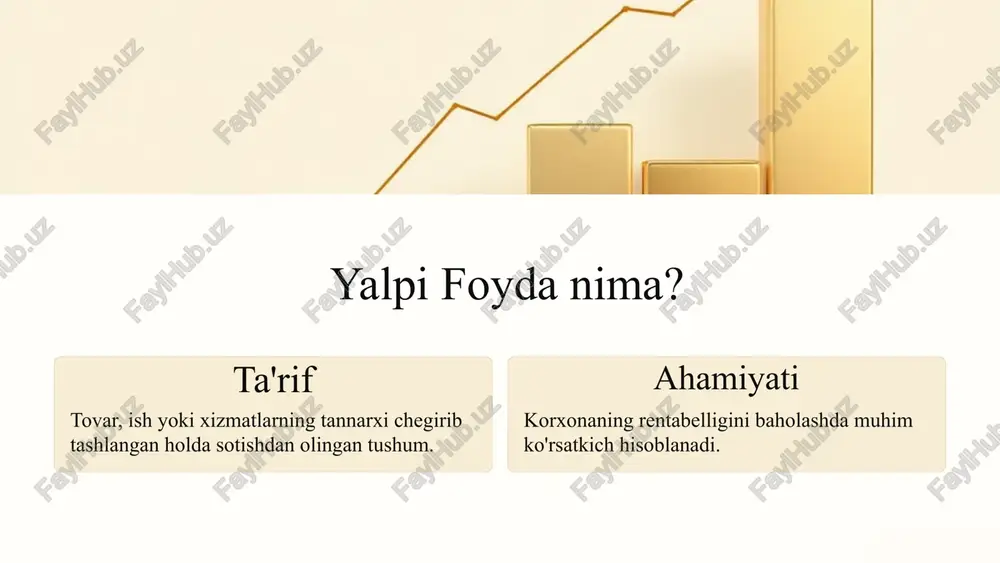 holda, har bir yo‘nalish bo‘yicha ko‘rsatkich hisoblab chiqiladi va natijalar taqqoslanadi. buning uchun rentabellik ko‘rsatkichidan foydalaniladi: (yaf / tushum) x 100%. nihoyat, ko‘rsatkichni hisoblash doimiy xarajatlarni nazorat qilishga yordam beradi. tadbirkor tannarxni chegirib tashlagandan keyin qolgan summani ko‘rganda, ijara, kredit to‘lovlari yoki reklama kabi boshqa xarajatlarni taqsimlashi mumkin. 5 yalpi foydani qanday oshirish mumkin yalpi foyda ko‘rsatkichini oshirish uchun xarajatlarni kamaytirish va daromadni oshirishga harakat qilish kerak. masalan, quyidagi strategiyalardan foydalanish: ishlab chiqarish xarajatlarini kamaytirish. masalan, sifatni yo‘qotmagan holda arzonroq xomashyo yetkazib beruvchilarni qidirish. tannarxi arzonroq bo‘lgan assortimentni kengaytirish. masalan, mebel do‘koni o‘zi yasaydigan oshxona garnituralarini sotadi. agar, aytaylik, stullar yoki taburetkalar va oshxona stollari qo‘shilsa, tannarxi butun boshli garnituradan past bo‘lib, katta hajmda sotilishi mumkin, chunki garnituralar stullarga qaraganda kamroq sotib olinadi. yangi mijozlarni jalb qilish. masalan, biznes uchun yangi maydonchalarni egallash: tovarlarni ijtimoiy tarmoqlar orqali sotish. yoki internetdagi auditoriyani jalb qilish uchun onlayn xizmatlar ko‘rsatish. yalpi foyda haqida …
