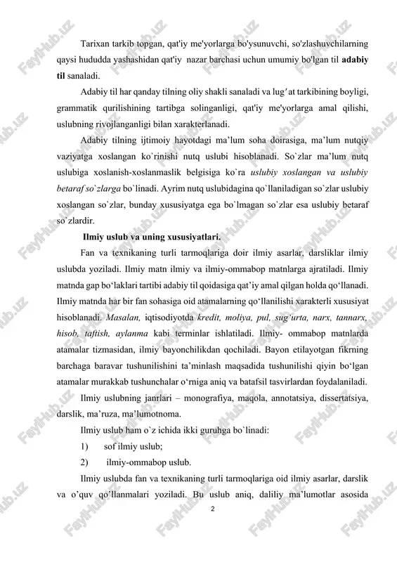a’lumotlar asosida chiqarilgan ilmiy xulosalar (qoidalar, ta’riflar)ga boy bo’lishi bilan boshqa uslublardan farqlanadi. ilmiy uslub ham adabiy tilning ko’rinishi bo’lib, bir qator o’ziga xos xususiyatlarga ham ega: monologik belgilari bilan boshqa uslublardan ajralib turadi; obrazli tasvirlar bilan emas, balki aniq ma’lumotlarning xolis, umumlashgan xususiyatlarini ta’riflash, tushunchalarga muvofiq keladigan terminlar bilan ish ko’radi. kitobxonning his-tuyg’usiga emas, ongiga ta’sir etadi. badiiy uslub va uning xususiyatlari. badiiy uslub (tilning ta’sir qilish, targ’ibot, tashviqot vazifasi) - inson hayotining barcha tomonlarini qamrab oladi. bu uslub barchaga barobarligi, o’quvchiga va tinglovchiga emotsional ta’sir etishi bilan boshqa uslublardan farq qilib turadi. bu uslubda muallif tilning barcha leksik, grammatik vositalaridan foydalanishi, turli ifodaviy vositalarni qo’llashi mumkin. boshqa uslublarning materiallaridan badiiy uslubda bemalol foydalanish mumkin. shunga ko’ra, badiiy uslub keng imkoniyatga ega uslub turi hisoblanadi. badiiy uslub badiiy adabiyot, ya’ni badiiy asarlarga xos bo`lib, unda badiiylik, ifodaviylik, ta’sirchanlik kuchlidir. badiiy uslubning o`ziga xos xususiyati shundaki, adabiy tilning barcha imkoniyatlarini …