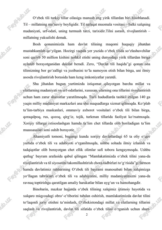aniyatimizni yana-da ravnaq toptirishga qaratilgan amaliy harakatlar bilan uygʻun va hamohangdir. binobarin, mazkur hujjatda oʻzbek tilining xalqimiz ijtimoiy hayotida va xalqaro miqyosdagi obroʻ-eʼtiborini tubdan oshirish, mamlakatimizda davlat tilini toʻlaqonli joriy etishni taʼminlash, oʻzbekistondagi millat va elatlarning tillarini saqlash va rivojlantirish, davlat tili sifatida oʻzbek tilini oʻrganish uchun shart-sharoitlar yaratish, til siyosatini rivojlantirishning strategik maqsadlari, ustuvor yoʻnalish va istiqboldagi vazifalar belgilab berildi. farmonga muvofiq, 2020-2030-yillarda oʻzbek tilini rivojlantirish va til siyosatini takomillashtirish konsepsiyasi hamda asosiy yoʻnalishlari tasdiqlandi. qolaversa, mazkur hujjatda 2025-yilgacha davlat maktabgacha taʼlim tizimida oʻzbek tilli guruhlar qamrovini kengaytirish, yangi darslik va qoʻllanmalar, elektron dasturlar yaratish, xorijiy oliy taʼlim muassasalarida oʻzbek tilini oʻrgatuvchi markazlar sonini koʻpaytirish singari muhim vazifalar oʻrin olgan. farmonda oʻz ifodasini topgan yana bir prinsipial yangilik – 2021-yil 1-apreldan boshlab oʻzbek tili va adabiyoti boʻyicha bilimni baholashning milliy test tizimi asosida rahbar kadrlarning davlat tilida rasmiy ish yuritish darajasi aniqlanadi hamda masʼul lavozimlarga tayinlanadigan shaxslar uchun davlat …
