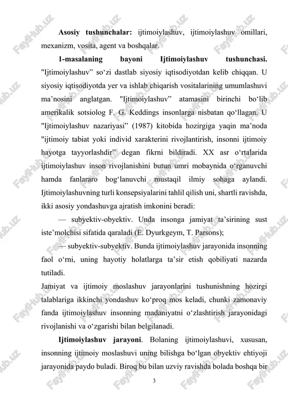 shakllanadi. bola uni yuzaga chiqarish uchun turli usul va vositalarni qidira boshlaydi va buning natijasida uning individuallashuvi ro‘y beradi. shaxsning faqat o‘ziga tegishli bo‘lgan ijtimoiy ahamiyatga ega xislatlari individual tarzda namoyon buladi, uning ijtimoiy xulq-atvori esa takrorlanmas jihatlarga ega bo‘ladi. bolaning ijtimoiy rivojlanishi o‘zaro bog‘liq bulgan ikki yo‘nalishda olib boriladi: moslashuv (ijtimoiy madaniy tajriba, madaniyatni o‘zlashtirish) va individuallashuv (mustaqillik, nisbatan uziga xoslikka ega bo‘lish). shunday qilib ijtimoiylashuv tushunchasi zamonaviy fanda inson shaxsining moslashuvi va individuallashuvi jarayonlarini o‘zaro bog‘laydi. inson (bola)ning aniq bir jamiyat sharoitlariga moslashuvi yoki undan ajralib chiqishi (individuallashuvi) ijtimoiylashuv jarayonining mazmunini tashkil qiladi. moslashish subyekt va ijtimoiy muhitning o‘zaro faol yaqinlashuv jarayoni va natijasidir. (j. piaje, r. mertoj). ijtimoiy moslashuv esa ijtimoiy muhit talablariga insonning munosabat bildirishidir. shunday qilib, ijtimoiylashuv (moslashuv) individning ijtimoiy mavjudotga aylanish jarayoni va natijasidir. individuallashuv insonning obyektiv ehtiyojlar bilan bog‘liq hrlda jamiyatda ma’lum darajada alohidalikka intilishi bo‘lib, uning yoshligidayoq o‘z-o‘zini namoyon qilishga bo‘lgan harakatlarida …
