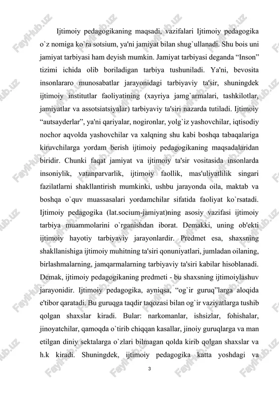 y pedagogika katta yoshdagi va qariyalarni; ishlab chiqarish jarayonlaridagi rahbar va xodimlarning o`aro munosabatlari, ayollar tarbiyasi, kasbidan qoniqmaganlik, qolaversa dam olishga, ruhyi kasallangan, ta'lim olishdagi muommalar, tarbiyasi oqir bolalar kabi muammolarni ham nazardan chetga qoldirmaydi. ijtimoiy qayotning turli javhalaridagi bu insonlar, albatta, yuqori malakali pedagogik yordamga muxtojdirlar. ijtimoiy pedagogikaning boshqa fanlar bilan aloqasi. rivojlangan davlatlarda ijtimoiy tarbiyani amaliy tashkil etish maxsus kasb darajasiga ko`tarilgan. janubda bu kasb “ijtimoiy faoliyat” deb yuritiladi. bizning yurtimizda aholining, umuman jamiyat a'zolarini ijtimoiy muqofazalashga doir 142 qator ishlar amalga oshirilishidan qat'i nazar, u bilan shug`ullanuvchi maxsus fan yo`nalishi to`liq shakllanmagan. ijtimoiy ish jamiyat a'zolarining bir-biriga insoniy munosabatda bo`lishini taqozo etadi. qadim zamonlarda bu faoliyatning diniy mas'ullik, saqiylik, xayrixohlik singari qirralari namoyon bo`lgan. “ijtimoiy pedagogika” ning paydo bo`lishi jamiyatning iqtisodiy, siyosiy va ijtimoiy qayotidagi o`zgarishlar bilan boqliq. chunki bu o`zgarishlar tarbiya jarayonini murakkablashtirib, yoshlar tarbiyasida yangi muammolarni vujudga keltirib, yosh avlodning ijtimoiy shakllanish jaraynini ilmiy o`rganishni …