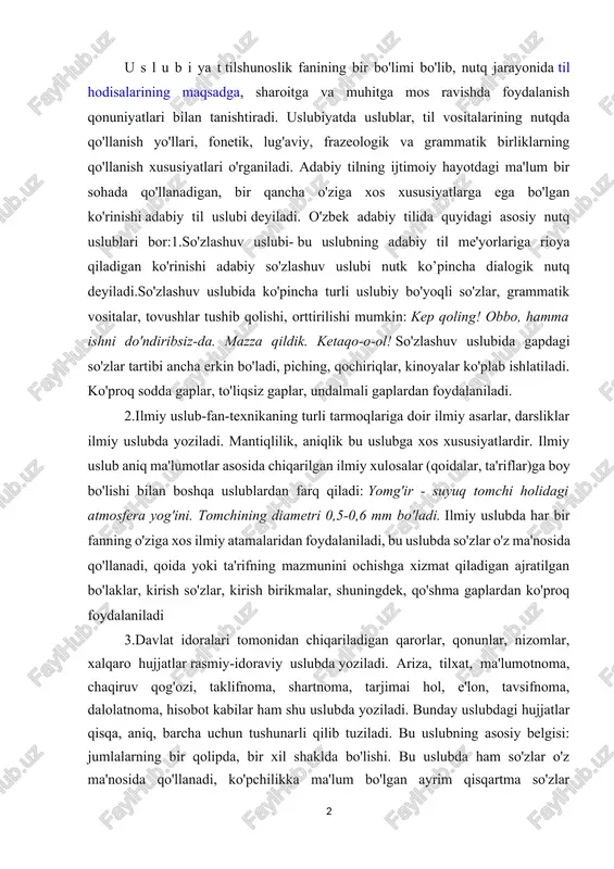xalqaro hujjatlar rasmiy-idoraviy uslubda yoziladi. ariza, tilxat, ma'lumotnoma, chaqiruv qog'ozi, taklifnoma, shartnoma, tarjimai hol, e'lon, tavsifnoma, dalolatnoma, hisobot kabilar ham shu uslubda yoziladi. bunday uslubdagi hujjatlar qisqa, aniq, barcha uchun tushunarli qilib tuziladi. bu uslubning asosiy belgisi: jumlalarning bir qolipda, bir xil shaklda bo'lishi. bu uslubda ham so'zlar o'z ma'nosida qo'llanadi, ko'pchilikka ma'lum bo'lgan ayrim qisqartma so'zlar ishlatiladi, har bir sohaning o'ziga xos atamalaridan foydalaniladi, qaror qilindi, inobatga olinsin, ijro uchun qabul qilinsin, tasdiqlanadi, yuklatilsin, tayinlansin kabi so'z va so'z birikmalari ko'plab uchraydi.rasmiy-idoraviy uslubda ko'pincha darak gaplardan, qaror, buyruq, ko'rsatma kabilarda esa buyruq gaplardan ham foydalaniladi. bu uslubda gap bo'laklarining odatdagi tartibda bo'lishiga rioya qilinadi: o'z lavozimini suiiste'mol qilganligi uchun m.ahmedovaga hayfsan e'on qilinsin. 4.tashviqot-targ'ibot ishlarni olib borishda qo'llanadigan uslub, ya'ni matbuot uslubi ommabop uslub hisoblanadi. soddalik, tushunarli bo'lish, ta'sirchanlik, adabiy til me'yorlariga rioya qilish bu uslubning asosiy belgilaridan hisoblanadi. ommabop uslubning radio, televidenieda ishlatiladigan ko'rinishi og'zaki ommabop uslub deyilsa, …