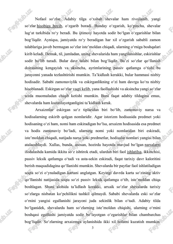‘tib, iste’moldan chiqa boshlagan. shuni alohida ta’kdlash kerakki, arxaik so‘zlar shevalarda tarixiy so‘zlarga nisbatan ko‘pchilikni tashkil qilmaydi. sababi shevalarda eski so‘zlar o‘rnini yangisi egallanishi jarayoni juda sekinlik bilan o‘tadi. adabiy tilda bo‘lganidek, shevalarda ham so‘zlarning iste’moldan chiqishi, ularning o‘rnini boshqasi egallashi jamiyatda sodir bo‘layotgan o‘zgarishlar bilan chambarchas bog‘liqdir. so‘zlarning arxaizmga aylanishida ikki xil holatni kuzatish mumkin. birinchisida, so‘z o‘zi eskirib, uning o‘rniga zamon taablariga mos keladigan boshqa so‘z ishlatilsa, ikkinchisida so‘zlar ma’nolaridan biri eskiradi, boshqa ma’nolari esa saqlanadi. shevalarda har ikkalasiga ham duch kelinadi. narsa, hodisa nomidan biri eskirgan so‘zlar-leksik arxaizmlar shevalarda ko‘pchilikni tshkil qiladi. qadimgi davrdan to hozirgacha shevalarda arxaizmga aylangan leksemalarga quyidagilarni kiritish mumkin: satil (chelak), talak (omborxona), madrapxana (xojatxona), tuzuv (taqinchoq), kaparat (magazin), lazim (ishton), dukart (qaychi), tirnaq (fundament), savax (ip), shangil//sarxum (kurshka), alam (bayroq), bandirga(chorraxa), karman (shlyapa), diyzil (avtobus), dabil‘ng‘ir (og‘ solinadigan idish) va hakazo. ijtimoiy tarixiy sharoit jamiyatda sodir bo‘layotgan o‘zgarishlar tilda ham o‘z aksini …