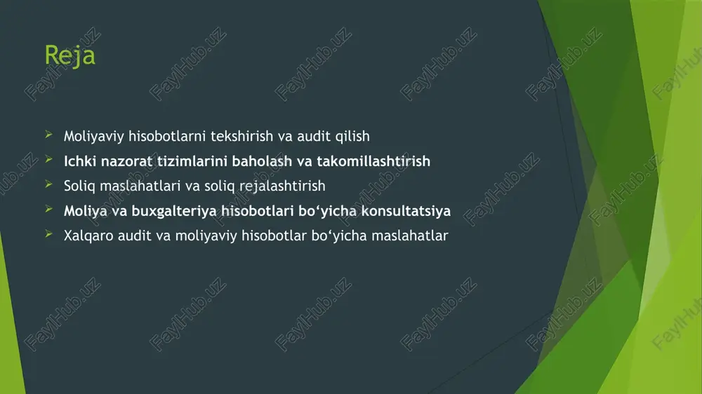 digan sohalar va asosiy xavf omillarini aniqlaydi. nazorat tizimini baholash: tashkilotning ichki nazorat tizimi va buxgalteriya siyosati tekshiriladi. auditorlar ichki nazoratning samaradorligini baholashga intilishadi, chunki bu jarayon moliyaviy hisobotlarning ishonchliligiga ta'sir ko‘rsatadi. tahlil va tekshiruv: moliyaviy hisobotlar, balanslar, foyda va zarar hisoboti, naqd pul oqimlari kabi hujjatlar tahlil qilinadi. bu bosqichda auditorlar turli xil statistik va moliyaviy ko‘rsatkichlarni tekshiradilar, masalan, moliyaviy muvozanat, likvidlik va rentabellik. xulosalar chiqarish: tekshiruvlar asosida auditor xulosalarini tayyorlaydi. agar auditorlik tekshiruvi moliyaviy hisobotlarda xatoliklarni yoki nizolarni aniqlasa, bu haqida tashkilotga xabar beriladi. agar barcha ma'lumotlar to‘g‘ri va aniqlik bilan taqdim etilgan bo‘lsa, auditor pozitiv xulosa chiqaradi. auditorlik xulosasini taqdim etish: auditor tomonidan tayyorlangan xulosa tashkilotning moliyaviy holati va hisobotlarining haqqoniyligini tasdiqlash yoki rad etish maqsadida boshqaruvga taqdim etiladi. bu xulosa asosan uchta shaklda bo‘ladi: to‘g‘ri xulosa, shubhali xulosa yoki inkor etish. 3. auditning turlari auditorlikning bir nechta turlari mavjud, ularning har biri turli maqsadlar uchun qo‘llaniladi: …