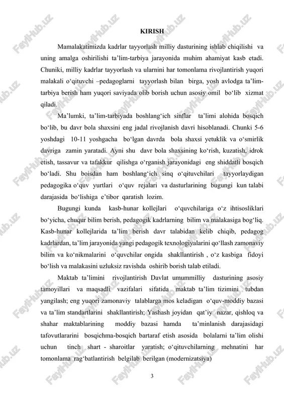 rini shakllantirish; yashash joyidan qat’iy nazar, qishloq va shahar maktablarining moddiy bazasi hamda ta’minlanish darajasidagi tafovutlararini bosqichma-bosqich bartaraf etish asosida bolalarni ta’lim olishi uchun tinch shart - sharoitlar yaratish; o‘qituvchilarning mehnatini har tomonlama rag‘batlantirish belgilab berilgan (modernizatsiya) “kadrlar tayyorlash milliy dasturi” va “ta’lim to‘g‘risida” gi qonunda yoshlarni xalq xujaligi va ishlab chiqarish uchun jahon standarti talablariga javob bera oladigan istiqbolli va ko‘p hunarli kasblarga o‘rgatish malakali mutaxassislar tayyorlash vazifasi belgilab berildi. kasb tanlashga yo‘llash fanining maqsadi – bo’lajak kasbiy ta’lim o‘qituvchilariga o‘quvchilarni xalq xo’jaligining istiqbolli yo‘nalishlari bo‘yicha mutaxassislarga bo‘lgan talab va ehtiyojlaridan kelib chiqqan holda kasbga yo‘naltirishning eng samarali yo‘llarini ishlab chiqish va o‘rgatishdan iborat. kasb tanlashga yo‘llash fanining vazifalariga: 1. kasb tanlashga yo‘llashning nazariy asoslari va asosiy tamoyillarini o‘rganish 1. uni amalga oshirishning shakl va usullari kasb tanlashning eng samarali yo‘llarini ishlab chiqish 1. kasb tanlashga yo‘llash tizimlari va bosqichlarini o‘rganish 1. kasb tanlashga yo‘llashda ota-onalar, o‘quv yurti va …
