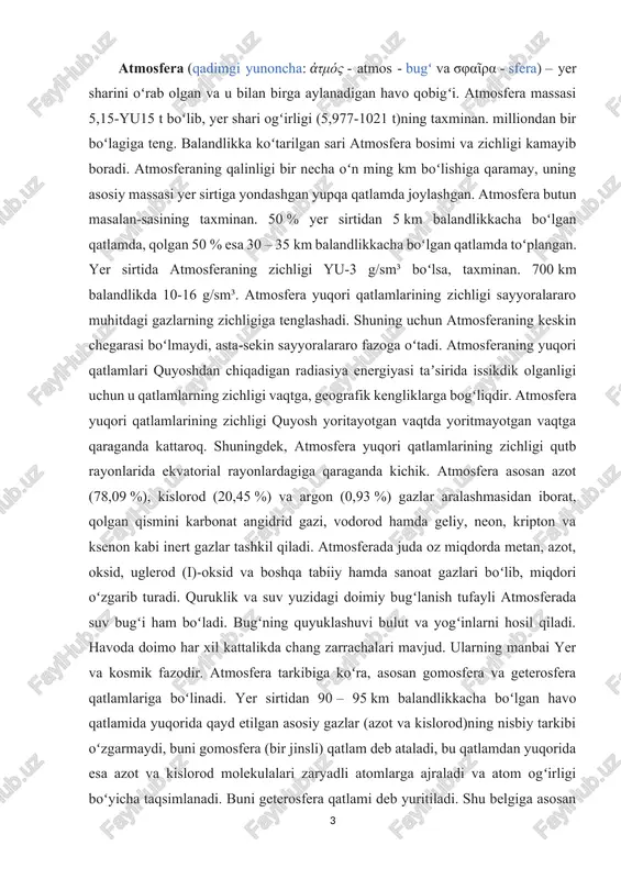 t va yogʻinlarni hosil qiladi. havoda doimo har xil kattalikda chang zarrachalari mavjud. ularning manbai yer va kosmik fazodir. atmosfera tarkibiga koʻra, asosan gomosfera va geterosfera qatlamlariga boʻlinadi. yer sirtidan 90 – 95 km balandlikkacha boʻlgan havo qatlamida yuqorida qayd etilgan asosiy gazlar (azot va kislorod)ning nisbiy tarkibi oʻzgarmaydi, buni gomosfera (bir jinsli) qatlam deb ataladi, bu qatlamdan yuqorida esa azot va kislorod molekulalari zaryadli atomlarga ajraladi va atom ogʻirligi boʻyicha taqsimlanadi. buni geterosfera qatlami deb yuritiladi. shu belgiga asosan ozonosfera (20 – 55 km) va ionosfera (90 km dan yuqori) qatlamlarini ham ajratish mumkin. ozonosfera qatlami tufayli yer yuzida hayot mavjud, chunki quyoshdan kelayotgan va hayot uchun zararli boʻlgan har xil nurlarning asosiy qismi shu qatlamda yutiladi. ionosfera ionlar konsentratsiyasi taqsimlanishi boʻyicha 60 km balandlikda d, po– 140 km balandlikda ye, 220 km dan yuqorida fqatlamlarini hosil qiladi. atmosfera quyosh radiatsiyasining maʼlum qismini yutadi va sochadi. atmosferada issiklik koʻproq …