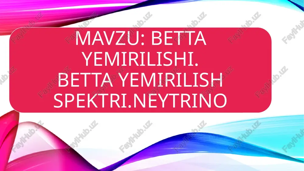 g elektron qobigʻidan elektron kamrashi natijasida proton neytronga aylanadi. koʻpincha, yadroga eng yaqin kqobiqdan elektron ʻkqamraladi, kqamrash deb shuni aytiladi. kkamrashda kqobiqdagi boʻshagan joyga yuqoriroq qobiqlardan elektronlar oʻtadi, bunda foton ajraladi. umuman olganda beta-yemirilish jarayoni qator murakkab masalalarni oʻz ichiga oladi. bulardan biri yadrodan ajralib chiqayotgan elektron energiyasi masalasidir. rnurlanishda radioaktiv atomdan elektronlar katta energiya bilan otilib chiqadi. bu elektronlar energiyasi har xil usullar bilan (mas, magnit maydonida elektronlarning ogʻishini oʻlchash yoʻli bilan) aniqlanadi (qarang betanurlar detektoroʻ). kvant mexanika qonunlariga muvofiq, yadroda muayyan miqdordagina energiya boʻlishi kerak. haqiqatan yadro yemirilishda diskret miqdordagi energiyaga ega boʻlgan azarralar va unurlar tarqatadi. shu sababli rayonurlanishda ham aynan shu holni kuzatish mumkin. muayyan izotop yadrosi chiqaradigan elektronlar noldan maksimal qiymatgacha uzluksiz energiya taqsimotiga (spektrga) ega boʻladi. demak, energiya uzluksiz taqsimlanar ekan. bizni energiya taqsimoti uzluksizligi emas, balki energiyaning qayoqqa sarf boʻlishi qiziktiradi. • odatda, ajralib chiqqan toʻla energiya hisoblanganda u spektr qiymatiga teng boʻlib …