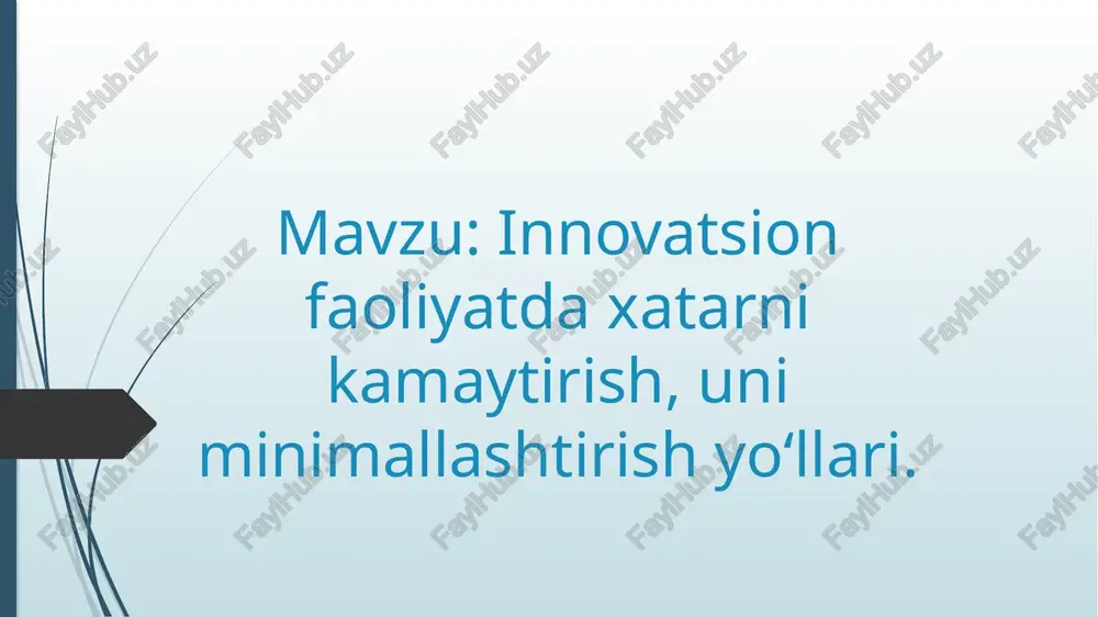 onidan hududiy (mahaliy) bozorga ekspansiyasi. innovatsion korxonalar faoliyatida xo‘jalik shartnomalari (kelishuvlari)ni bajarmaslik xatari ham muhim o’rinni egallaydi. bu xatar muzokaralar olib borilgan so‘ng sherikning kelishuv tuzishga rozi bo‘lmaslikda, to‘lov kiritishga qodir bo‘lmagan sheriklar bilan kelishuv tuzilganda, sheriklar tomonidan kelishilgan vaqtda kelishuv majburiyatlarini bajarmaganda, atof muhit ifloslanishida yuzaga kelgan xavflarda namoyon bo‘ladi. xatarlarni kamaytirishning asoslangan yo‘llari ularni yana ham dalilli tasniflash asosida chiqarilishi mumkin. xatarlarni quyidagi belgilari bo‘yicha tasniflash mumkin: xatar darajasi bo‘yicha – ehtimolli, qaltis yoki o’ta qaltis (falokatli); faoliyat turi bo‘yicha – tadqiqotli, tajribali yoki tajriba– ishlab chiqarish faoliyati; xatar turi bo‘yicha – texnik, tashkilotiy, axborotiy, iqtisodiy (tijorat), ekologik yoki siyosiy; xatar darajasi bo‘yicha – yuqori, o‘rta yoki past; iqtisodiy mohiyat bo‘yicha – operatsion, kredit, inflyatsiyali, valyutali yoki innovatsion–investitsiyali; ob’ektlar bo‘yicha (paydo bo‘lish joyi bo‘yicha) – mamlakatiy, hududiy yoki tarmoqli. asosiy o’rinni innovatsion–investitsiyali xatar egallaydi – bu yakuniy natijani, raqobatbardosh maxsulotlarni, foyda va oxir oqibat aniq innovatsion investitsiyalardan pul …