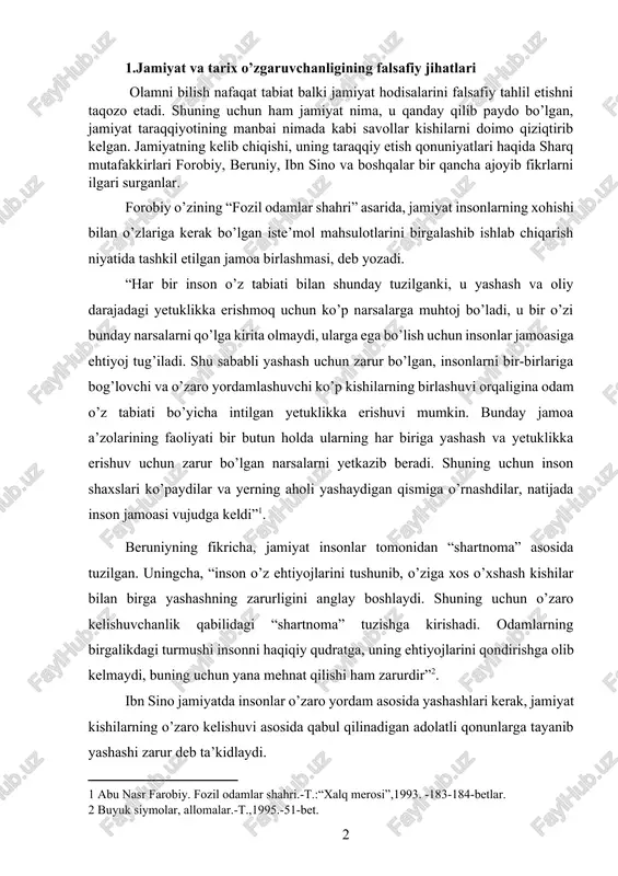 yashashning zarurligini anglay boshlaydi. shuning uchun o’zaro kelishuvchanlik qabilidagi “shartnoma” tuzishga kirishadi. odamlarning birgalikdagi turmushi insonni haqiqiy qudratga, uning ehtiyojlarini qondirishga olib kelmaydi, buning uchun yana mehnat qilishi ham zarurdir”[footnoteref:2]. [2: buyuk siymolar, allomalar.-t.,1995.-51-bet. ] ibn sino jamiyatda insonlar o’zaro yordam asosida yashashlari kerak, jamiyat kishilarning o’zaro kelishuvi asosida qabul qilinadigan adolatli qonunlarga tayanib yashashi zarur deb ta’kidlaydi. olmon faylasufi gegelning ko’rsatishicha, jamiyatning tarixiy taraqqiyoti, uning ijtimoiy, iqtisodiy va siyosiy o’zgarishlarning asosiy sababi “mutlaq g’oya”ga bog’liqdir. u o’zining “falsafa tarixi” asarida “mutlaq g’oya” kishilik jamiyati tarixini harakatga keltiruvchi kuch, deb ko’rsatadi. tabiat va jamiyatning taraqqiyoti ham, ijtimoiy munosabatlar taraqqiyoti ham “mutlaq g’oya”, abadiy ruh taraqqiyotidan kelib chiqadi, degan qarash gegel falsafasining asosiy g’oyasini tashkil etadi. jamiyat taraqqiyoti sabablarini g’oyalarga bog’lab tushuntirish, dunyoni aql idora qiladi deb hisoblash faqat gegel ta’limoti uchungina emas, balki feyerbaxga ham xosdir. “xristianlikning mohiyati” degan asarida feyerbax jamiyat tarixida ro’y bergan barcha o’zgarishlar diniy ta’limotlar, qarashlar …