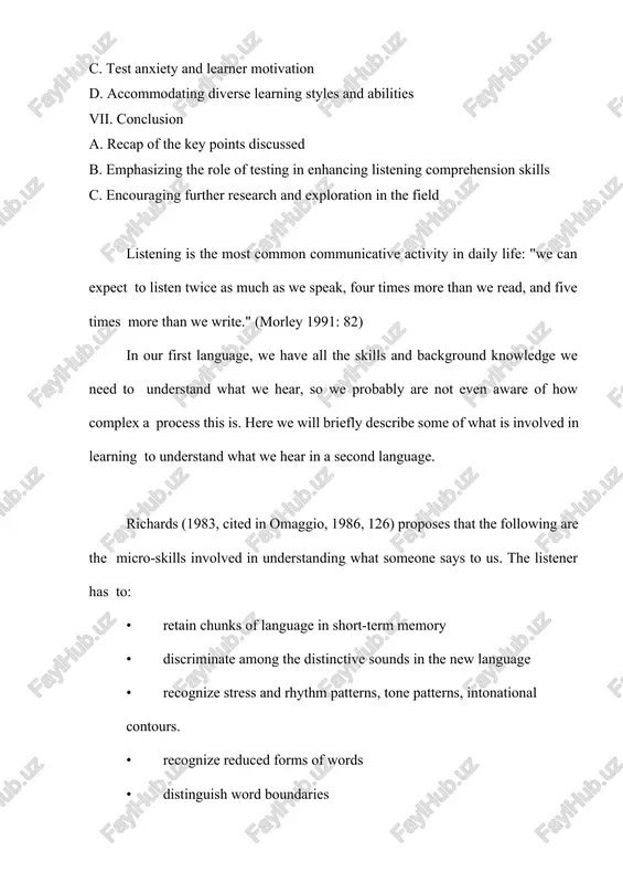 scribe some of what is involved in learning to understand what we hear in a second language. richards (1983, cited in omaggio, 1986, 126) proposes that the following are the micro-skills involved in understanding what someone says to us. the listener has to: • retain chunks of language in short-term memory • discriminate among the distinctive sounds in the new language • recognize stress and rhythm patterns, tone patterns, intonational contours. • recognize reduced forms of words • distinguish word boundaries • recognize typical word-order patterns • recognize vocabulary • detect key words, such as those identifying topics and ideas • guess meaning from context • recognize grammatical word classes • recognize basic syntactic patterns • recognize cohesive devices • detect sentence constituents, such as subject, verb, object, prepositions, and the like listening is not a passive process. it involves both bottom-up and top-down processes and requires the use of …