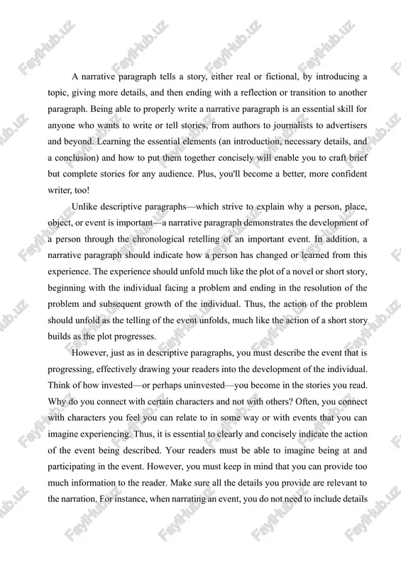 participating in the event. however, you must keep in mind that you can provide too much information to the reader. make sure all the details you provide are relevant to the narration. for instance, when narrating an event, you do not need to include details that do not add to the feeling of an event. otherwise, the readers will feel unconnected to and uninterested in the development of the individual. while describing the event is crucial to the reader’s understanding and interest, the subject’s feelings, thoughts, desires, or insights are integral to creating the sense of personal growth. without these components, the reader will be unable to track the person’s development and change. essentially, in order for the reader to see that the individual has transformed, you must present the inner thoughts, desires, and feelings of the person before and after the alleged transformation. this way, the reader can compare …