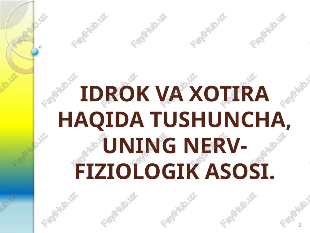 lar: idrokning predmetligi, yaxlitligi, ma’lum tartibda tuzilishi, konstantligi, anglanganligi. 7 8 shaxs tevarak-atrofdagi narsa hodisalarning faqat ayrim xossalarini ongda aks ettirib qolmaydi balki ularning barcha xossalarini birgalikda bir butun holda ham aks ettiradi. sezgi organlariga bevosita ta'sir etib turgan narsa-hodisalarning obrazlarining kishi bir butun holda aks ettirishi idrok deyiladi. masalan: uyni idrok qilish, gulni idrok qilish, odamni idrok qilish va boshqalar. sezgi va idrok bir-biri bilan chambarchas bog'liq. kishi narsa-hodisalarning ayrim xossalarini sezadi. uni bir butun holda idrok qiladi. idrokning predmetliligi. idrokning predmetliligi ob’ektivlash ham deyiladi va tashqi olamdan olingan ma’lumotlarni shu olamning o‘ziga qaratishida ifodalanadi. tashqi olamdan kelayotgan ma’lumot, obraz (masalan, o‘qilayotgan kitobning tasviri) bizning sezgi organlarimizda emas (ko‘z ichida emas), balki bizning tanamizdan tashqarida, tashqi olamda deb idrok qilinadi. bu xususiyatsiz odamning amaliy faoliyatini tasavvur qilib bo‘lmaydi. idrokning predmetliligi tug‘ma hisoblanmaydi. sub‘ektda olamning predmetliligini ochib beruvchi ma’lum harakatlar tizimi mavjuddir. bu yerda to‘yish va harakat sezgilari muhim rol …