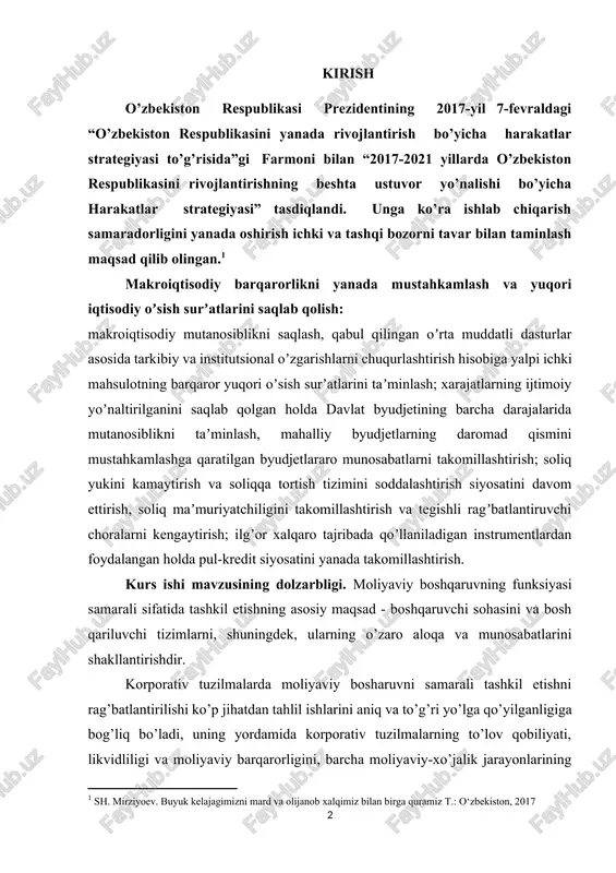 , ularning o’zaro aloqa va munosabatlarini shakllantirishdir. korporativ tuzilmalarda moliyaviy bosharuvni samarali tashkil etishni rag’batlantirilishi ko’p jihatdan tahlil ishlarini aniq va to’g’ri yo’lga qo’yilganligiga bog’liq bo’ladi, uning yordamida korporativ tuzilmalarning to’lov qobiliyati, likvidliligi va moliyaviy barqarorligini, barcha moliyaviy-xo’jalik jarayonlarining sodir bo’lishi va hodisalarni davriy ko’zatish, umuman moliyaviy- iqtisodiy holatini baholash sifati imkoniyatiga ega bo’lish mumkin. tahlil yordamida korporativ tuzilmaning barqaror rivojlanishiga to’sqinlik qilayotgan kamchiliklar aniqlanadi va ushbu kamchilikla bartaraf etiladi, xo’jalik subyektini yanada rivojlantirish yo’llari belgilanadi. rejalashtirish funksiyasi mavjud resurslar hamda ularning chegaralanganligini inobatga olgan holda korporativ tuzilmaning maqsadlariga erishish yo’llarini belgilashdan iborat. ishlab chiqarishni bozordagi holatga mos kelishini o’rganish, barcha turdagi resurslar va kapitaldan samarali foydalanishni eng maqbul yo’llarini tanlash, qo’shimcha moliyaviy mablag’lar jalb qilish yo’llarini izlab topish va shu kabilar rejalashtirish funksiyasiga misol bula oladi. rejalashtirish funksiyasining muhim jihati shundaki, bunda korporativ tuzilmalar xo’jalik faoliyatining asosiy ko’rsatkichlari bozordagi holatdan kelib chiqqan holda, mazkur tovar va xizmatga bo’lgan talab …