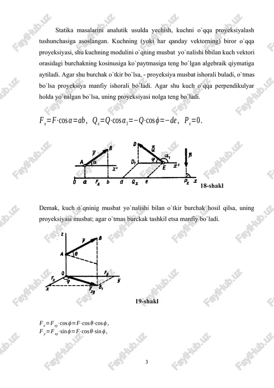g geometrik sharti, shu sistema kuch vektorlari bo’yicha qurilgan ko’pburchak yopiq bo’lishi bilan ifodalanadi. to’g’ri burchakli koordinata o’qlaridagi proeksiyalari orqali esa: sistemani tashkil etuvchi hamma kuchlarni ta'sir chizig`i bir tekislikda yotuvchi bir nuqtada uchrashuvchi tekis kuchlar sistemasi uchun esa: uchrashuvchi kuchlar sistemasiga doir statika masalalarini yechish. aksariyat hollarda tegishli bog’lanishlar bilan bog’langan, birorta qattiq jism beriladi, va shu jismga qo’yilgan aktiv kuchlar ham berilgan bo’lib, shu jismga qo’yilgan bog’lanishlarning reaksiya kuchlarini aniqlash so’raladi. agar jismga qo’yilgan aktiv kuchlar fazoda joylashgan bo’lsa, uchta muvozanat tenglamalar sistemasini tuzishimiz mumkin, shunga ko’ra uchta nom`alum reaksiya kuchlarini aniqlashimiz mumkin, agar ular tekislikda joylashgan bo’lsalar, ikkita muvozanat tenglamalar sistemasini tuzishimiz mumkin, shunga ko’ra faqat ikkita noma`lum reaksiyalarni aniqlashimiz mumkin xolos. agar uchrashuvchi fazoviy kuchlar ta`sir etgan jismda to’rtta va undan ortiq noma`lum reaksiya kuchlari paydo bo’lsa, yoki tekislikda joylashgan uchrashuvchi kuchlar ta`siridagi jismga uchta va undan ortiq reaksiya kuchlari qo’yilgan bo’lsa, bunday masalalar statik noaniq …
