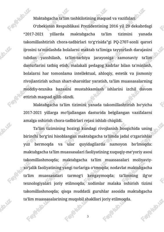 hujjatlar tashkil etadi: o‘zbekiston respublikasi konstitutsiyasi, “ta'lim to‘g‘risida”gi qonun, “kadrlar tayyorlash milliy dasturi” va ta'lim sohasidagi boshqa huquqiy-me'yoriy hujjatlar. maktabgacha ta'lim uzluksiz ta'limning boshlang‘ich bo‘g‘ini hisoblanadi. u bola shaxsini sog‘lom va yetuk, maktabda o‘qishga qiziqishni shakllantirish maqsadini ko‘zlagan holda, olti-yetti yoshgacha oilada hamda davlat va nodavlat maktabgacha ta'lim muassasalarida olib boriladi. maktabgacha ta'limning maqsad va vazifalarini tatbiq etishda jamoat va homiy tashkilotlari, mahalla, xalqaro fondlar faol ishtirok etadilar. maktabgacha ta'lim-bolaning individual va yosh xususiyatlarini inobatga olgan holda uning jismoniy va psixik rivojlanishini ta'minlovchi, uni uzluksiz ta'limning keyingi bosqichi - maktabga borishiga zamin yaratuvchi, har tomonlama maqsadli yo‘naltirilgan ta'lim va tarbiya jarayonidir. maktabgacha ta'lim o‘zining shakl va usullaridan qat'iy nazar quyidagi vazifalarni bajarishi lozim: - bolalarning jismoniy va psixik sog‘ligini mustahkamlash; - bolalarni milliy, umuminsoniy, qadimiy va madaniy qadriyatlarga jalb etish; - bolaning aqliy, intellektual salohiyatini rivojlantirish; - milliy an'analar va udumlar asosida yuksak ahloqiy va ma'naviy sifatlarni shakllantirish; - bolalarni …