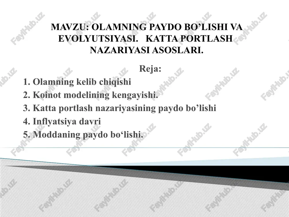 rachalardan iborat. mikrozarralar ikki korpuskulyar-to'lqinli tabiat bilan tavsiflanadi. jismoniy vakuum, uning xususiyatlari hali ham ko'plab moddiy tizimlar va tuzilmalardan ko'ra yomonroq ma'lum. zamonaviy ta'rifga ko'ra, jismoniy vakuum virtual zarralar bog'langan nol o'zgaruvchan maydonlardir. jismoniy vakuum materiya bilan eng chuqur darajadagi o'zaro ta'sirlashganda namoyon bo'ladi. vakuum va materiya ajralmas va hech qanday moddiy zarrachani uning mavjudligi va ta'siridan ajratib bo'lmaydi, deb taxmin qilinadi. o'z-o'zini tashkil qilish kontseptsiyasiga muvofiq, jismoniy vakuum koinot uchun tashqi muhit vazifasini bajaradi. koinotning tuzilishi va evolyutsiyasi kosmologiya tomonidan o'rganiladi. kosmologiya tabiatshunoslikning shunday sohalaridan biri bo'lib, o'z mohiyatiga ko'ra doimo fanlar chorrahasida joylashgan. kosmologiya fizika, matematika, falsafa yutuqlari va usullaridan foydalanadi. kosmologiyaning predmeti - bizni o'rab turgan butun mega-dunyo, butun "katta olam" va vazifa koinotning eng umumiy xususiyatlarini, tuzilishini va evolyutsiyasini tasvirlashdir. kosmologiyaning xulosalari katta mafkuraviy ahamiyatga ega ekanligi aniq. zamonaviy astronomiya nafaqat ulug'vor galaktikalar olamini kashf etdi, balki noyob hodisalarni ham kashf etdi: metagalaktikaning kengayishi, kimyoviy elementlarning …