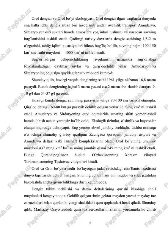 tubini ochilishi va daryo deltalarining qurishi hisobiga cho`l maydonlari kengaymoqda. ochilib qolgan 4mln gektar maydon yuzasi mayday tuz zarrachalari bilan qoplanib, yangi shakildahi qum qoplamlari hosil qiladi. shunday qilib, markaziy osiyo xududi qum tuz aerozollarini shamol yordamida ko`chirib yuruvchi kuchli yangi manba vujudga keldi. dastlabki ma’lumotlarga ko`ra, yiliga atmosferaga 15-75 mln. tonnagacha chang-to`zon ko`tarilishi mumkin. dengiz tubidan ko`tarilgan chang tuz to`zoni atmosferani ifloslanishini 5 foizdan ham orttirib bormoqda. chang tuz to`zonlarini atmosferaga ko`tarilishini birinchi marta 1975 yili kosmosdan kuzatilgan. bunday to`zonlar yilning uch oy davomida kuzatiladi. chang-tuz to`zonlarining uzunligi 400 km eni esa 40 km bo`ladi, radiusi 300 km ni tashkil etadi. tuzlarning yer yuziga yog`ilishi paxtaning hosildorligi 5-15 foiz, sholining esa 3-6 foizga pasayib ketdi. orol bo`yida yog`ilayotgan chang-tuz zarrachalarning umumiy miqdori o`rtacha 52 kg ni tashkil etib, tuproq holati yomonlashuvini asosiy sababchialridan biri bo`lib qoldi. qoraqalpog`iston respublikasining sug`oriladigan maydonlari chang-tuz fraksiyalari 250 kg dan, chomboy tumanida 500 tonnagacha …