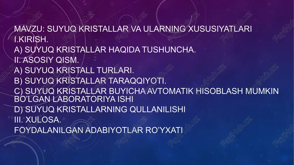 ir. suyuq kristall erish holatida oddiy suyuqlikka aylanadi. xo’sh suyuq kristall suyuqlikdan va oddiy kristalldan nimasi bilan farq qiladi va nimasi bilan o’xshaydi? suyuq kristallarning strukturasi. oddiy suyuqlikdan suyuq kristall farqli ularoq oquvchan va o’zi joylashgan qolip shaklini hosil qiladi va shu jihati bilan kristallardan farq qiladi. suyuqlik bilan birlashtiruvchi bu xossasiga qaramasdan u kristallarga xos bo’lgan xususiyatga ega. bu molekulalar fazosidagi tartibni kristall hosil qiladi. to’g’risi bu oddiy kristallardagi kabi to’la tartibda emas lekin bu suyuq kristallar xossalariga ta’sir qiladi. va shunisi bilan oddiy suyuqlikdan farq qiladi. suyuq kristall hosil qiluvchi molekulalarning to’la bo’lmagan fazoviy tartibi shunday namoyon bo’ladiki, suyuq kristallarda molekulalarning og’irlik markazining fazoviy joylashishi qisman tartibli bo’lsa ham, to’la tartibli emas. bu ularning qattiq kristall panjarasi yo’qligini anglatadi. shu sabali suyuq kristallar oddiy suyuqlikka o’xshash oquvchanlik xossasiga ega. suyuq kristallarning oddiy kristallar bilan yaqinlashtiradigan muhim xossasi bu molekulalarning fazoviy joylashuvida tartibning to’liqligidir. bu tartib joylashuvda namoyon bo’ladi, …