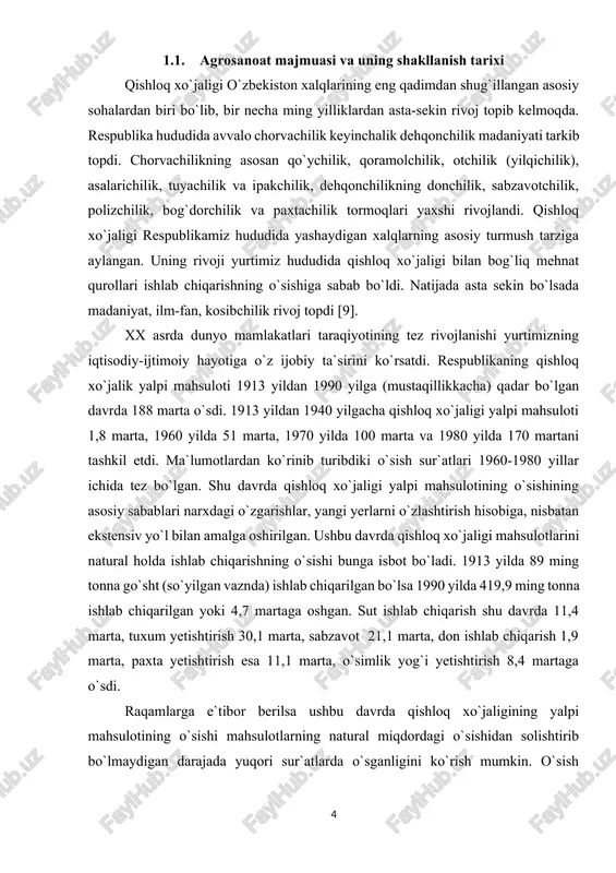 ,7 martaga oshgan. sut ishlab chiqarish shu davrda 11,4 marta, tuxum yetishtirish 30,1 marta, sabzavot 21,1 marta, don ishlab chiqarish 1,9 marta, paxta yetishtirish esa 11,1 marta, o`simlik yog`i yetishtirish 8,4 martaga o`sdi. raqamlarga e`tibor berilsa ushbu davrda qishloq xo`jaligining yalpi mahsulotining o`sishi mahsulotlarning natural miqdordagi o`sishidan solishtirib bo`lmaydigan darajada yuqori sur`atlarda o`sganligini ko`rish mumkin. o`sish mahsulotlar narxining o`sishi hisobiga yuz berganini aslida esa salkam 1 asrda o`sish 15-20 martadan yuqori bo`lmagini ko`ramiz. sobiq sho`rolar davrida o`zbekistonda bir tomonlama bo`lsada qishloq xo`jaligida katta o`zgarishlar yuz berdi. sho`rolar davlatining asosiy siyosati o`zbekistonning boy tabiiy iqlim sharoitidan umumdavlat manfaatlari uchun foydalanishga qaratildi. natijada respublika va uning xalqining manfaatlari umumdavlat manfaatlariga bo`ysindirildi. bunday siyosat respublika iqtisodiyotida juda katta muammolarni keltirib chiqardi. olib borilgan siyosatning natijasida qishloq xo`jaligi ishlari bilan band bo`lgan respublika aholsiining katta qismi past malakali mehnat resurslariga aylandi. umummamlakat manfaatlaridan kelib chiqib o`zbekiston asosan paxta ishlab chiqarishga ixtisoslashtirildi. uning natijasida xalqimiz …