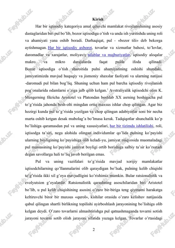 lardir. ratsionalistik qarashning asoschilaridan biri aristotel bo’lib, u pul kelib chiqishining asosini o’zaro bir-biriga teng qiymatni harakatga keltiruvchi biror bir maxsus «qurol», kishilar orasida o’zaro kelishuv natijasida qabul qilingan shartli birlikning topilishi ayirboshlash jarayonining bo’lishiga olib kelgan deydi. o’zaro tovarlarni almashtirishga pul qatnashmaganda tovarni sotish jarayoni tovarni sotib olish jarayoni sifatida yuzaga kelgan. tovarlar o’rtasidagi proportsiya tasodifan, masalan, sotilishi kerak bo’lgan mahsulotga talab qay darajada va uning miqdorining kam ko’pligiga bog’liq holda o’rnatilgan. keyinchalik shu tovarlar ichidan umumiy ekvivalent rolini o’ynovchi ba’zi tovarlar ajralib chiqdi. jamiyatning rivojlanishi muomalaga metallarning kirib kelishiga olib keladi. rivojlanishning birinchi bosqichlarda bular mis, bronza, temir bo’lib almashinuv t-p-t shaklida olib borilgan. xviii asrlarning oxirigacha pul tomonlar o’rtasidagi shartnoma vositasi deb qarab kelingan. hozirgi vaqtda ham ba’zi chet el olimlari, masalan, pol samuelson pulni sun’iy sotsial shartlashish belgisi1 deb izohlangan. boshqa amerikalik olim jon gelbreit qimmatbaho metallarning pul vazifasini bajarishi bu kishilar o’rtasidagi kelishuvning mahsulidir deb …